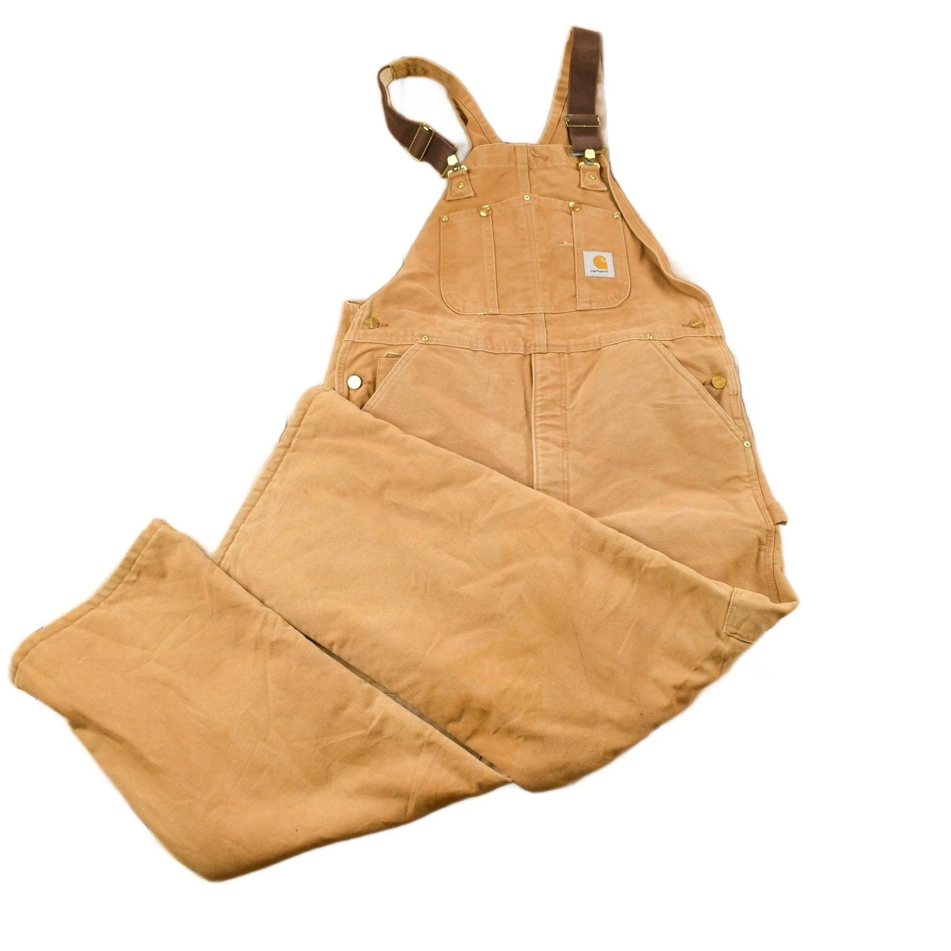 Vintage 1990s Carhartt Beige Double Knee Canvas Quilted Overalls Men's 38 x 30