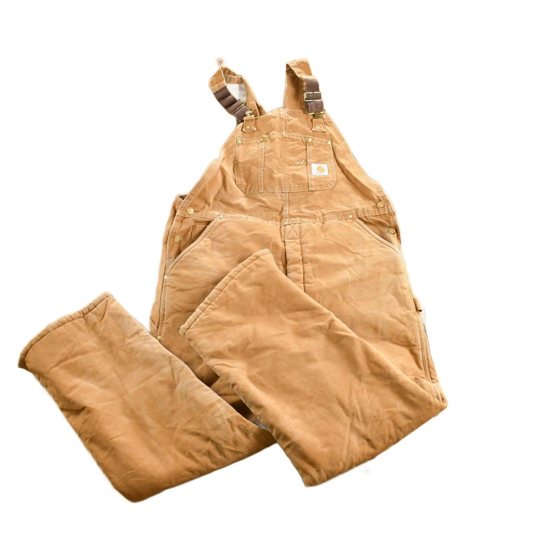 Vintage 1990s Carhartt Beige Double Knee Canvas Quilted Overalls Men's 38 x 30.5