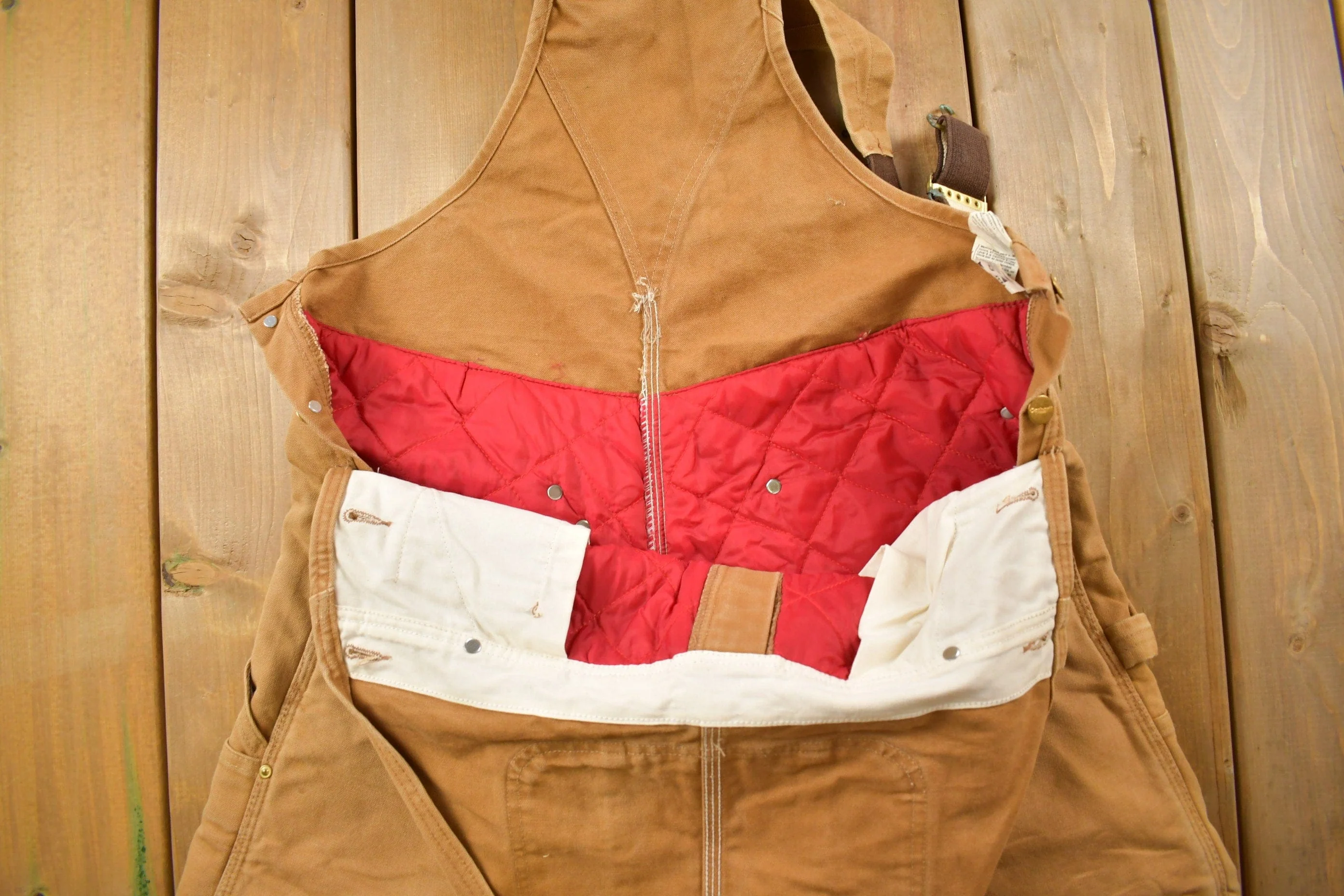 Vintage 1990s Carhartt Beige Double Knee Canvas Quilted Overalls Men's 38 x 30 - Image 5