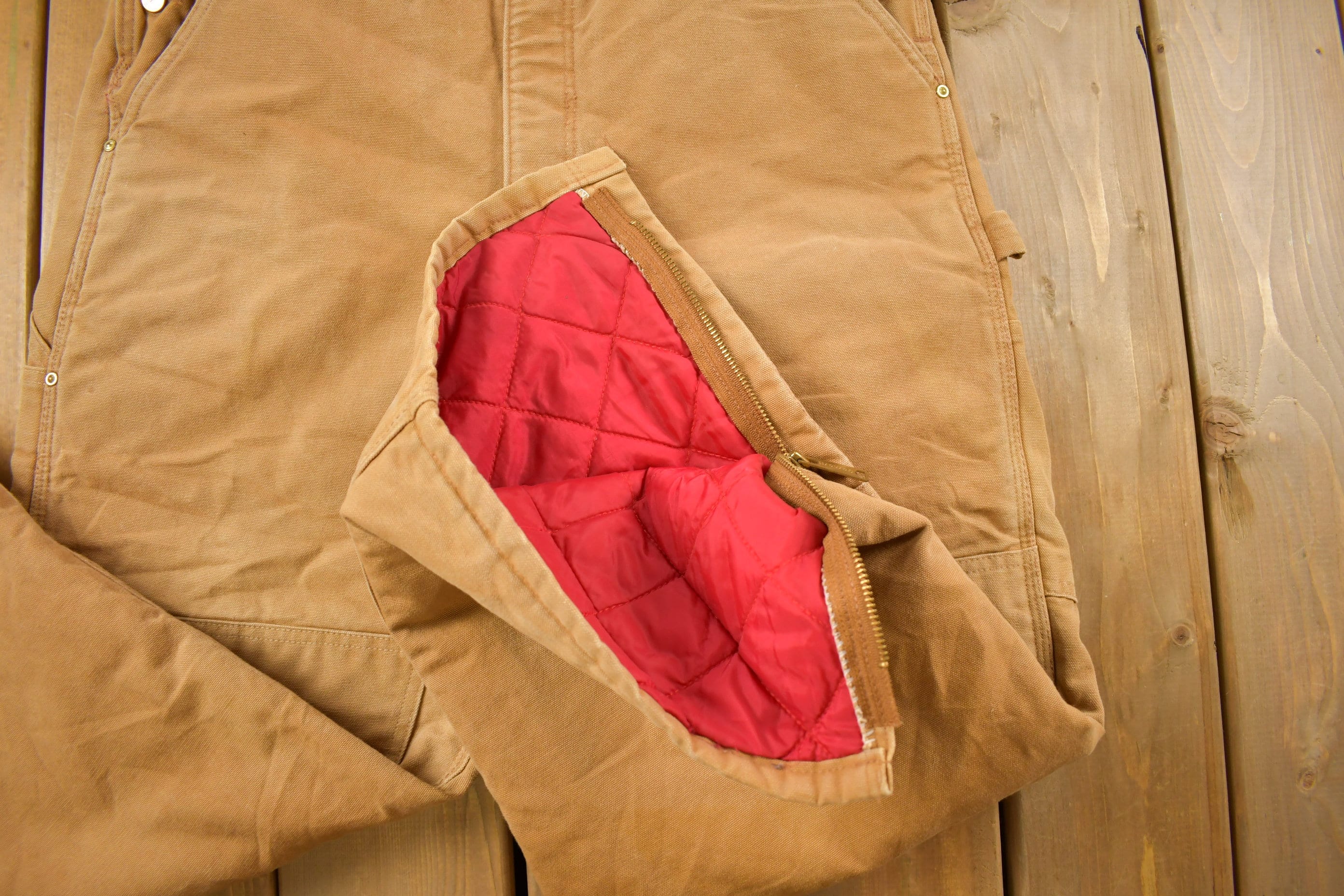 Vintage 1990s Carhartt Beige Double Knee Canvas Quilted Overalls Men's 38 x 30 - Image 6