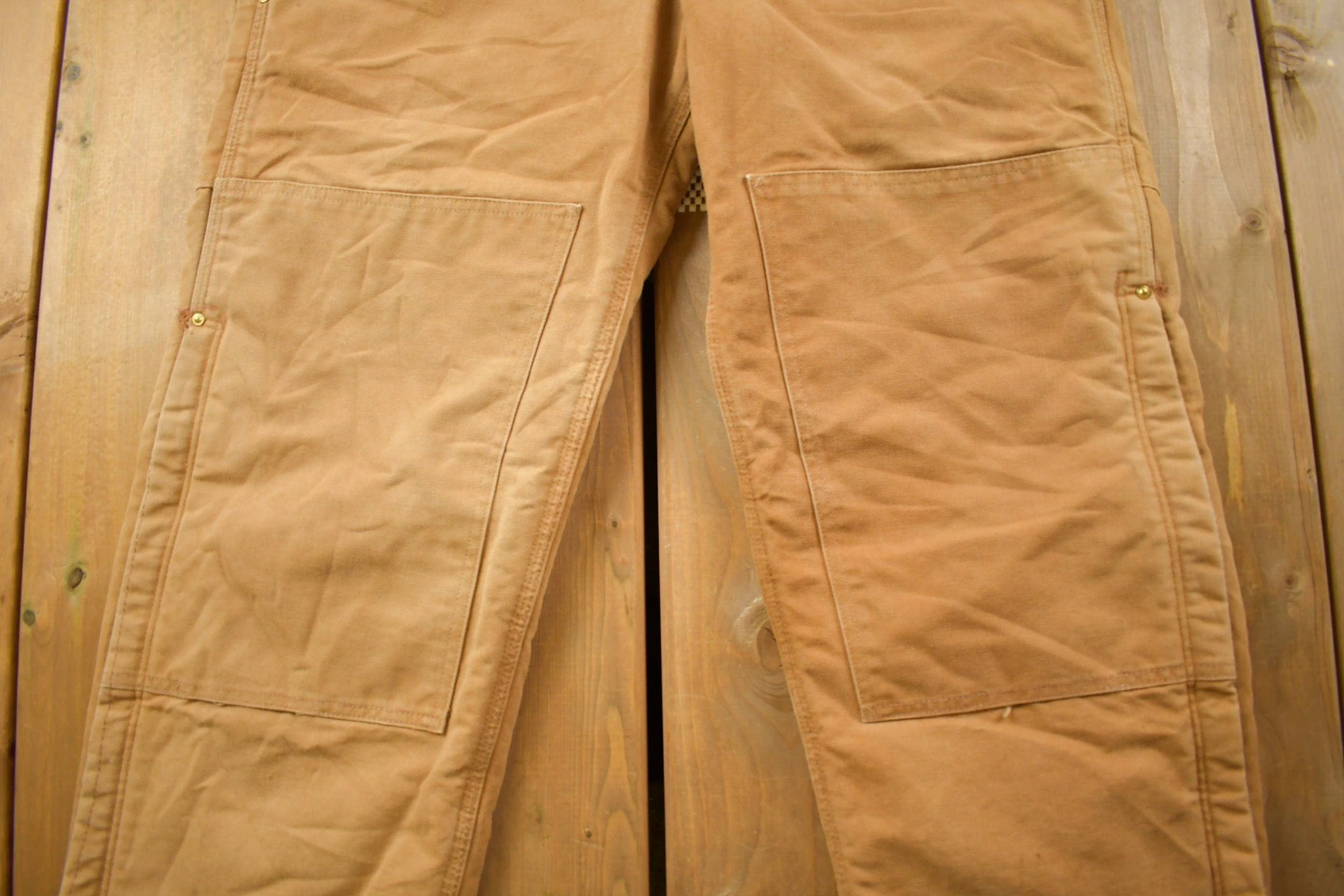 Vintage 1990s Carhartt Beige Double Knee Canvas Quilted Overalls Men's 38 x 30 - Image 7
