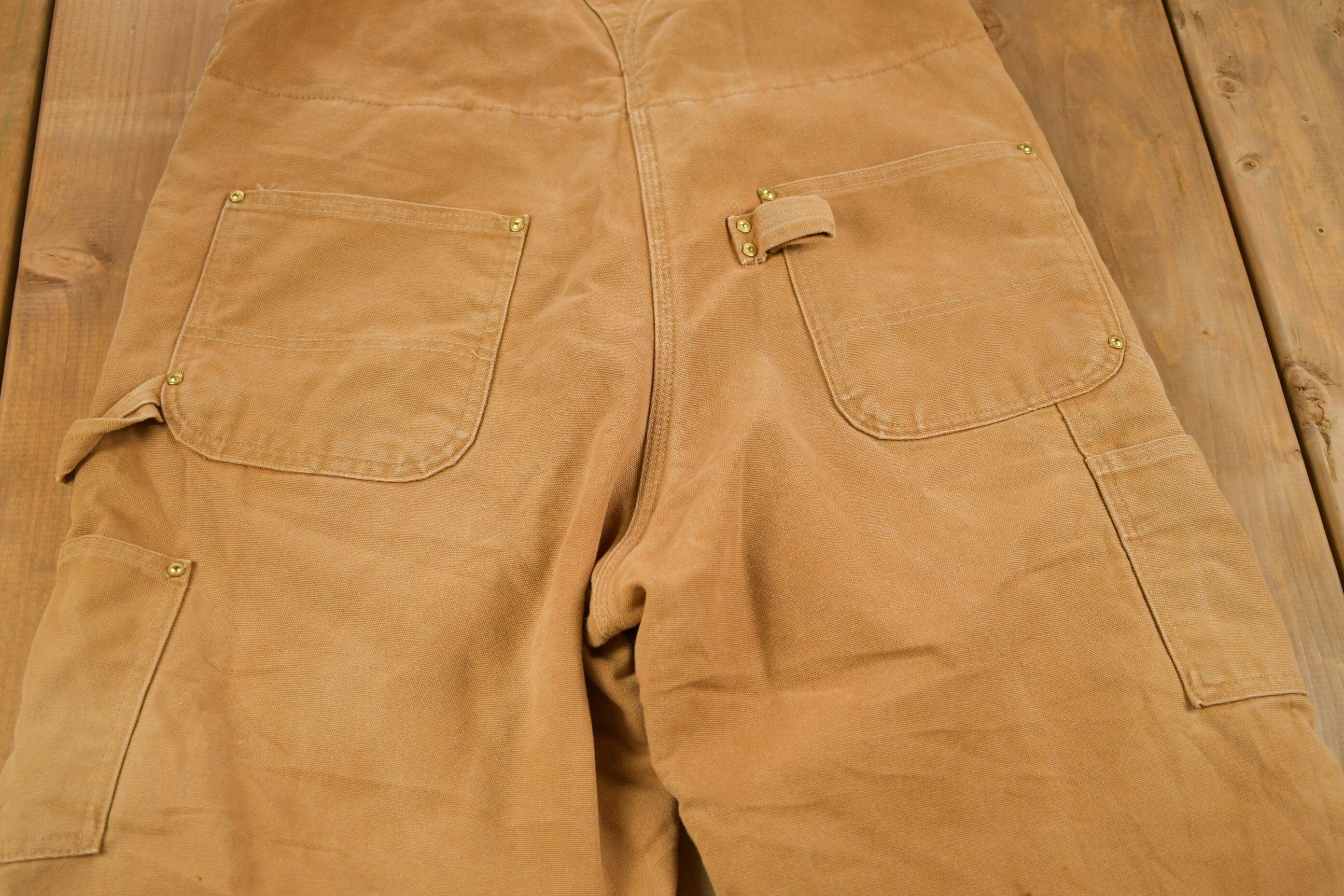 Vintage 1990s Carhartt Beige Double Knee Canvas Quilted Overalls Men's 38 x 30 - Image 8