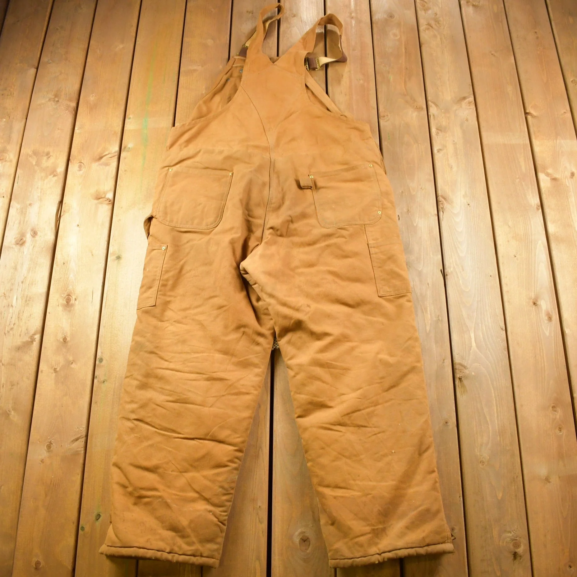 Vintage 1990s Carhartt Beige Double Knee Canvas Quilted Overalls Men's 44 x 30 - Image 3