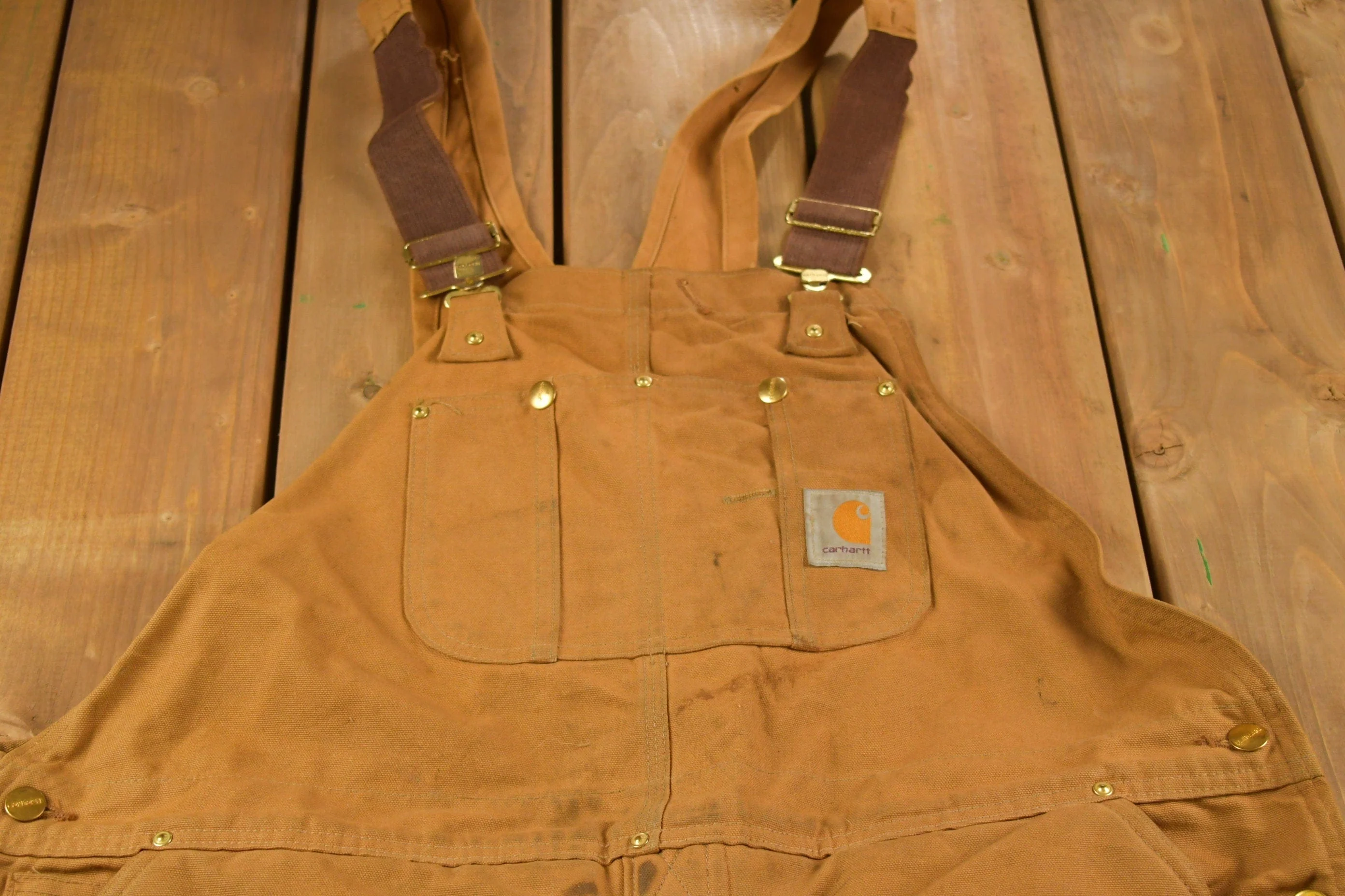Vintage 1990s Carhartt Beige Double Knee Canvas Quilted Overalls Men's 44 x 30 - Image 4