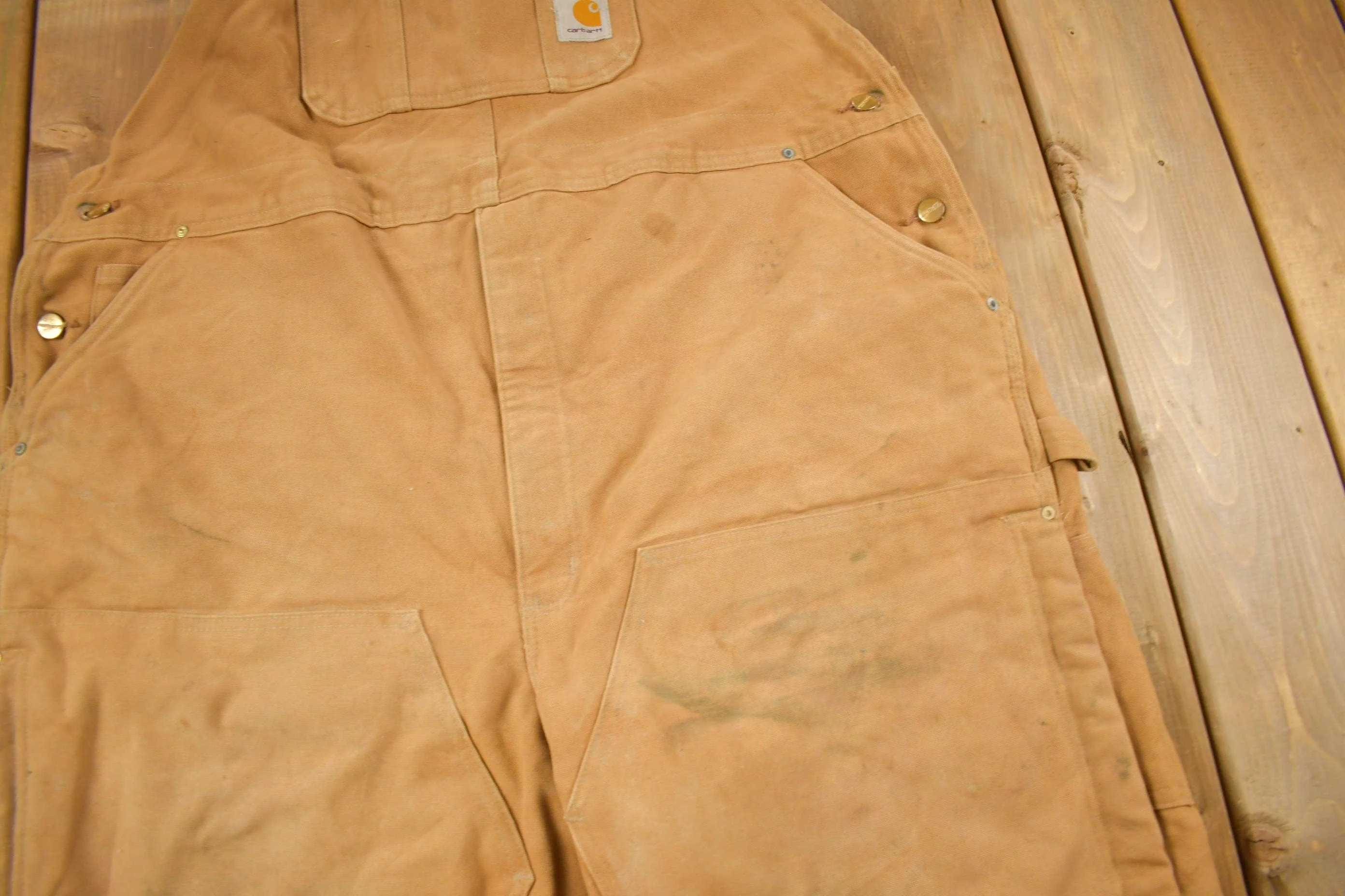 Vintage 1990s Carhartt Beige Double Knee Canvas Quilted Overalls Men's 46 x 30 - Image 4