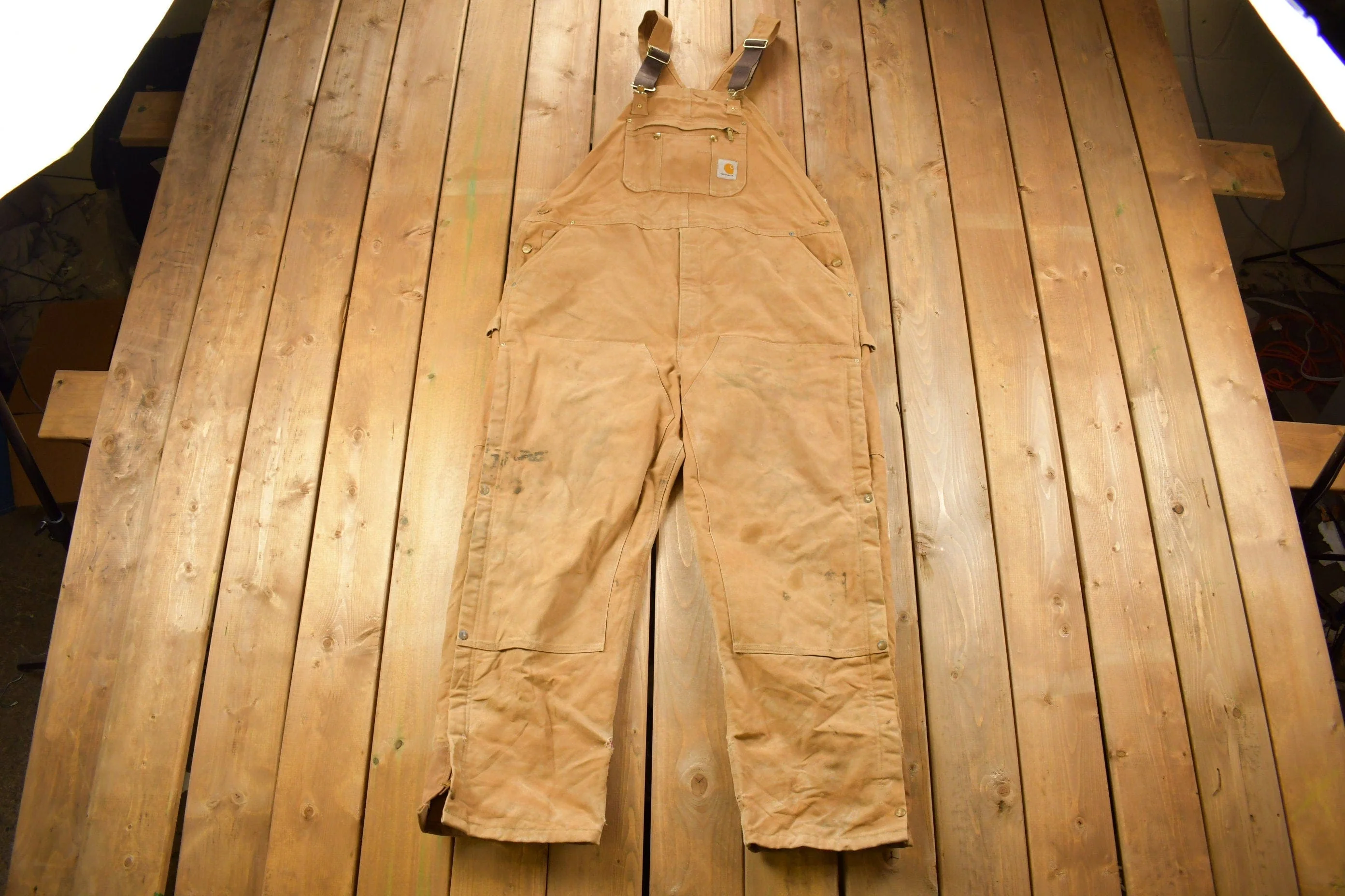 Vintage 1990s Carhartt Beige Double Knee Canvas Quilted Overalls Men's 46 x 30 - Image 6