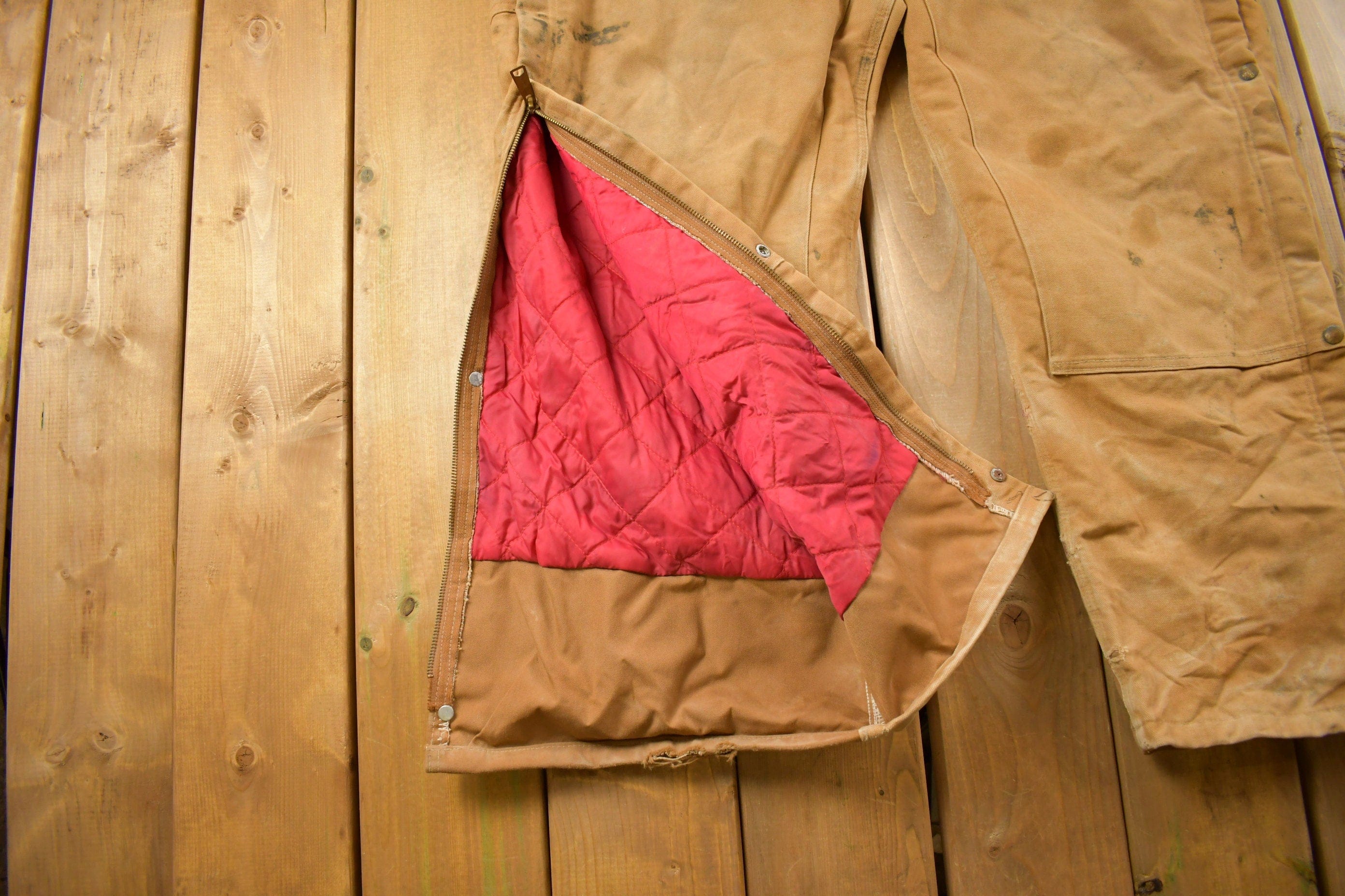 Vintage 1990s Carhartt Beige Double Knee Canvas Quilted Overalls Men's 46 x 30 - Image 7