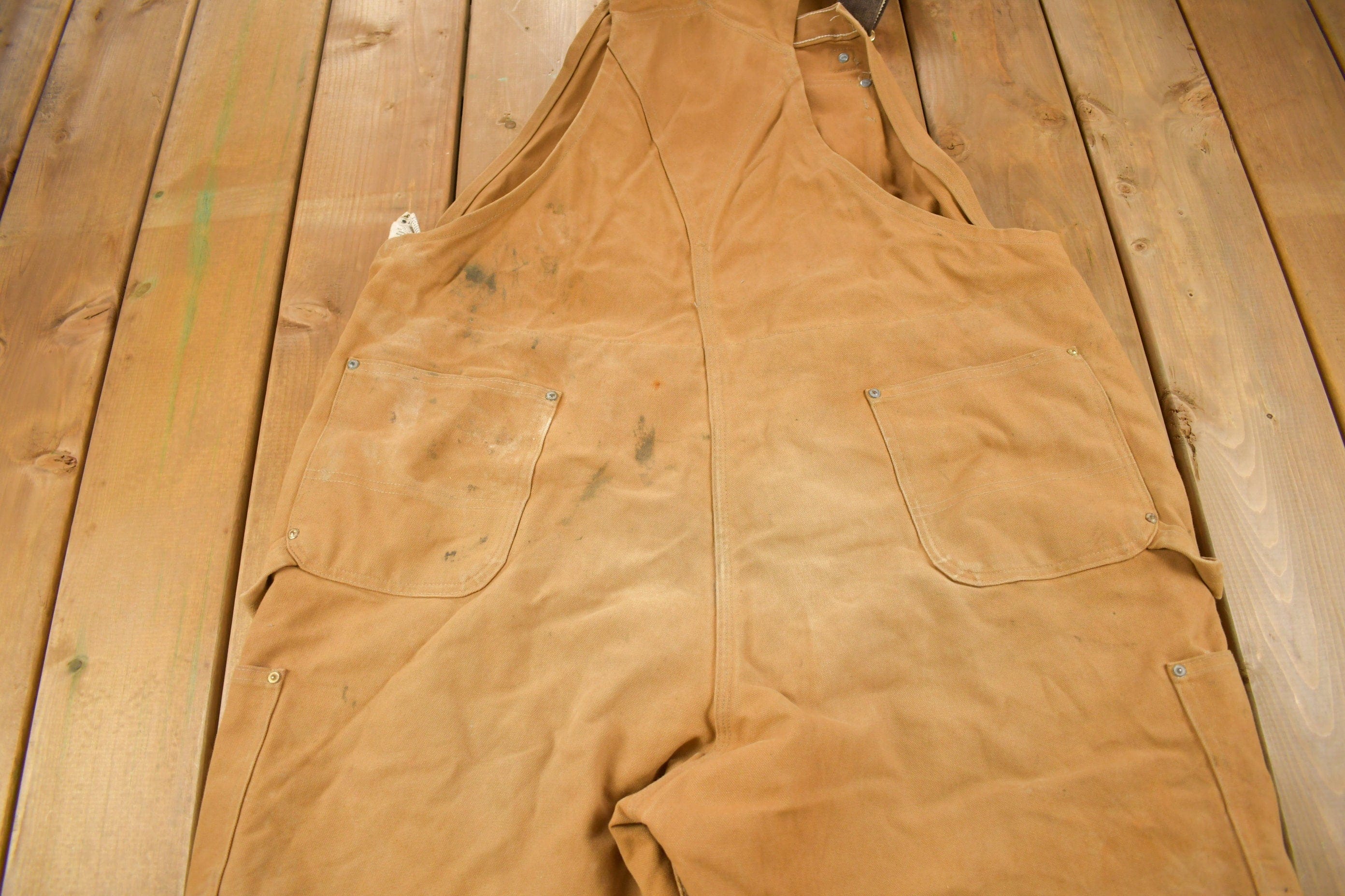 Vintage 1990s Carhartt Beige Double Knee Canvas Quilted Overalls Men's 46 x 30 - Image 8