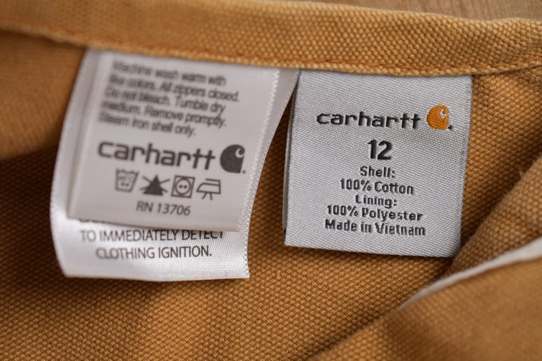 Vintage 1990s Carhartt Beige Double Knee Canvas Quilted Overalls Youth 12 - Image 5