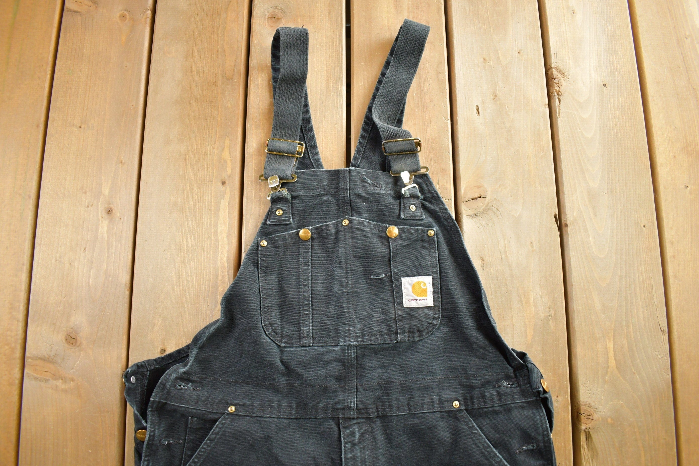 Vintage 1990s Carhartt Black Double Knee Canvas Overalls Men's 38 x 32 - Image 6