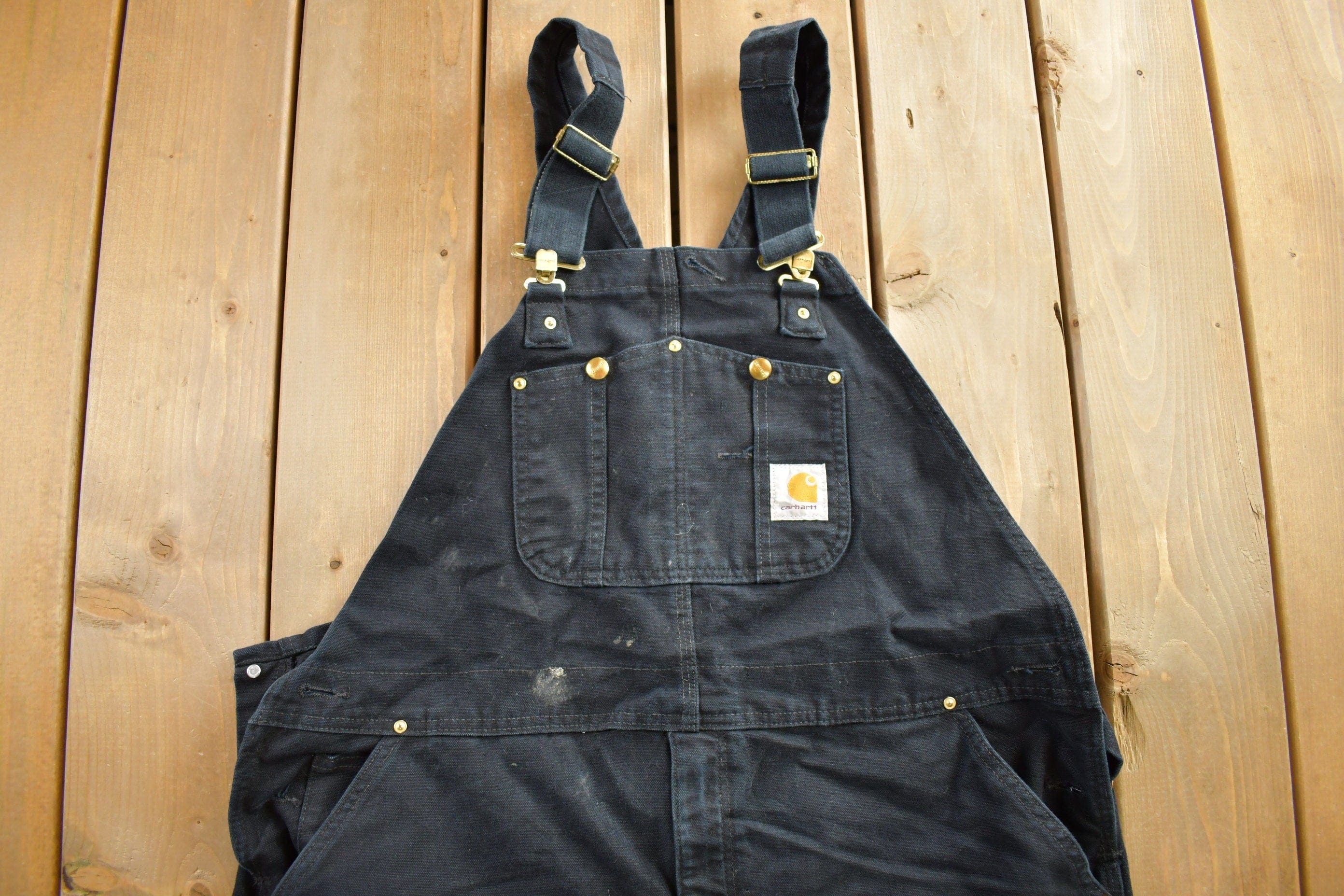 Vintage 1990s Carhartt Black Double Knee Canvas Overalls Men's 44 x 30 - Image 4