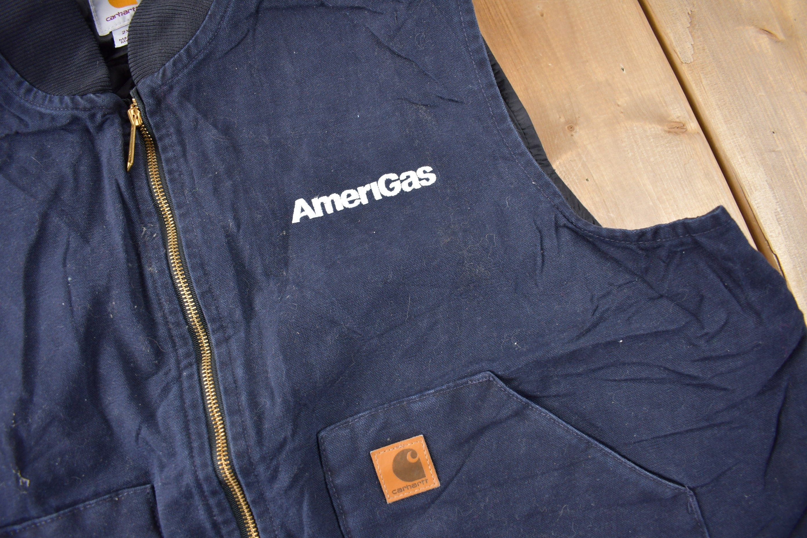 Vintage 1990s Carhartt Blue Embroidered Quilted Work Vest Men's 2XL - Image 3