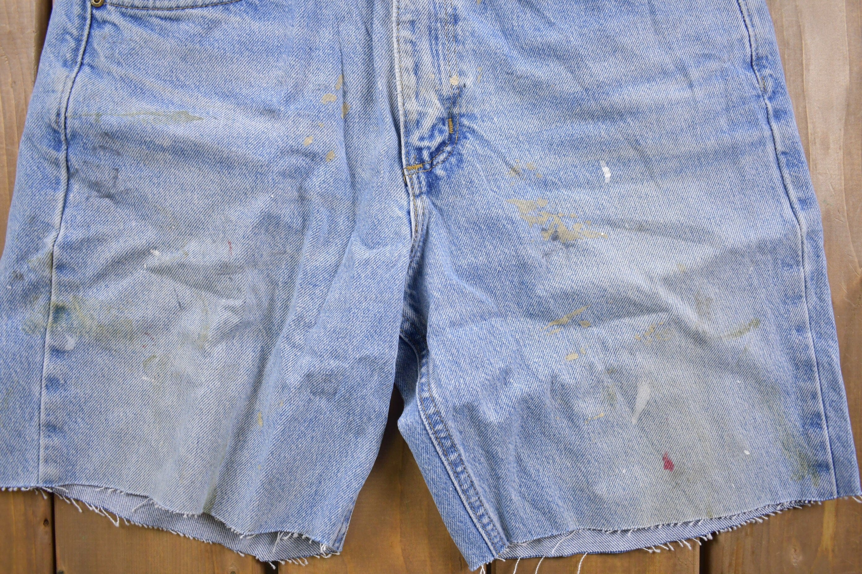 Vintage 1990s Carhartt Blue Paint platter Jean Shorts Men's 32 - Image 3