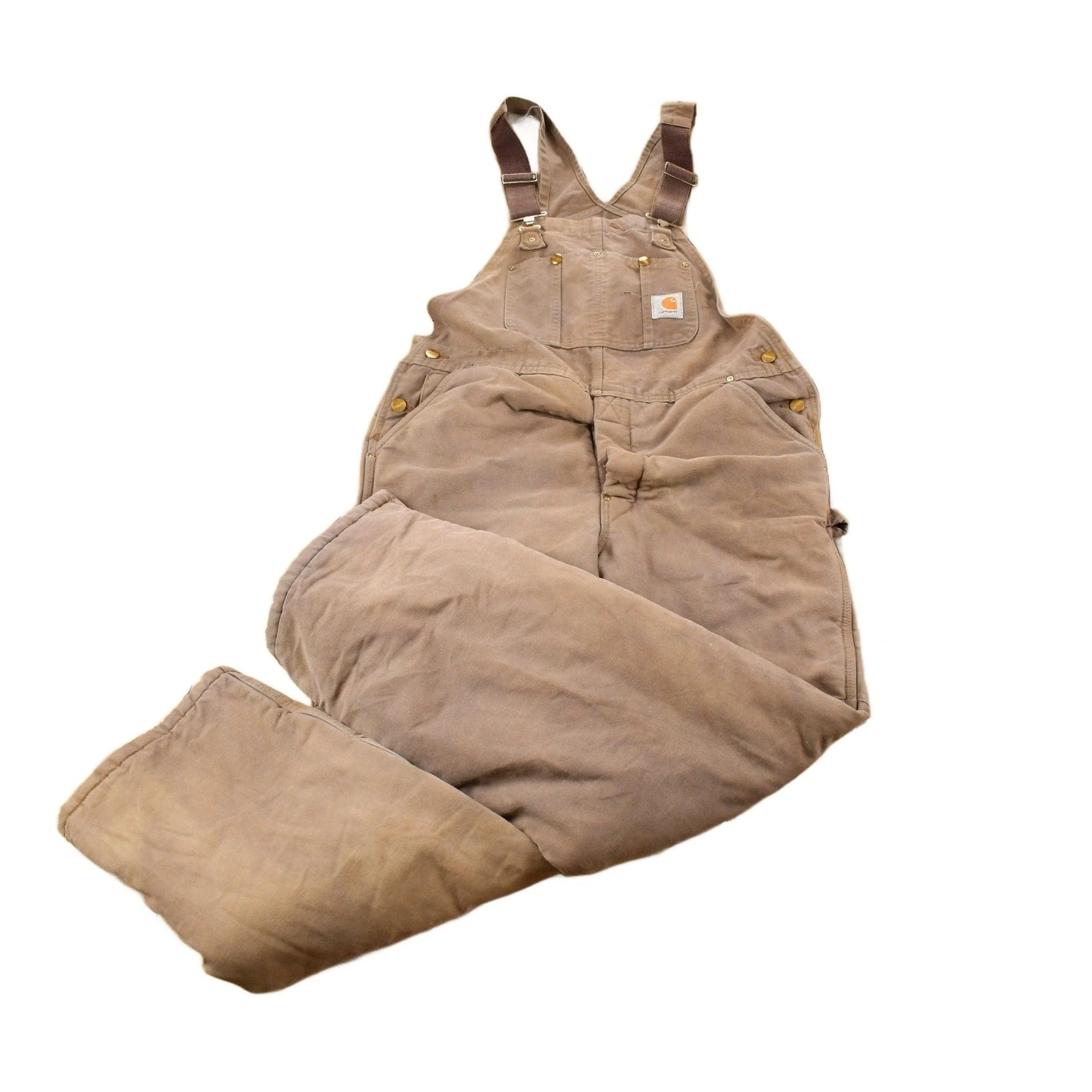 Vintage 1990s Carhartt Brown Double Knee Canvas Quilted Overalls Men's 36 x 28