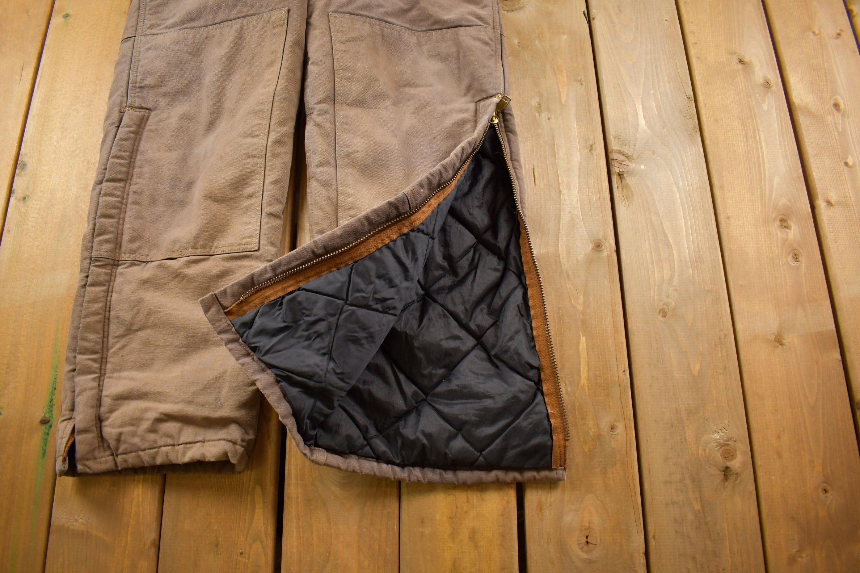 Vintage 1990s Carhartt Brown Double Knee Canvas Quilted Overalls Men's 36 x 28 - Image 7