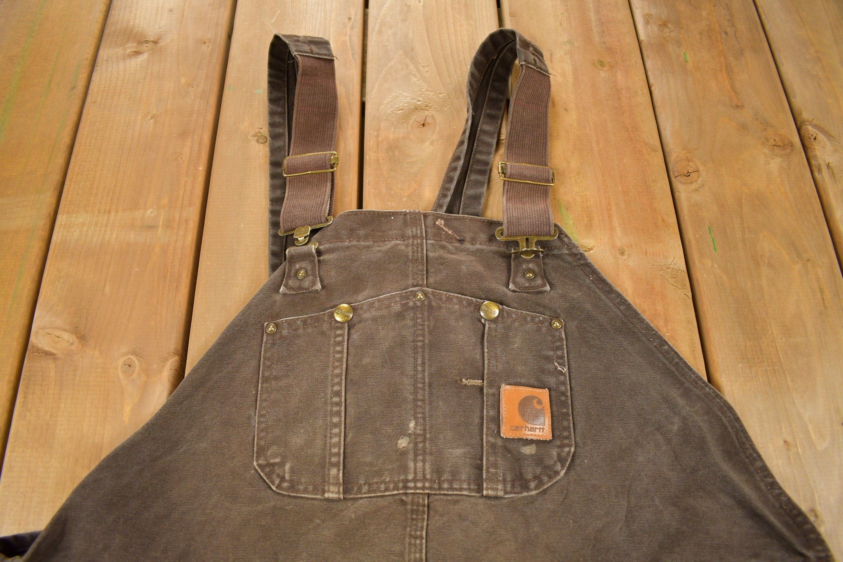 Vintage 1990s Carhartt Brown Double Knee Canvas Quilted Overalls Men's 48 x 30 - Image 6