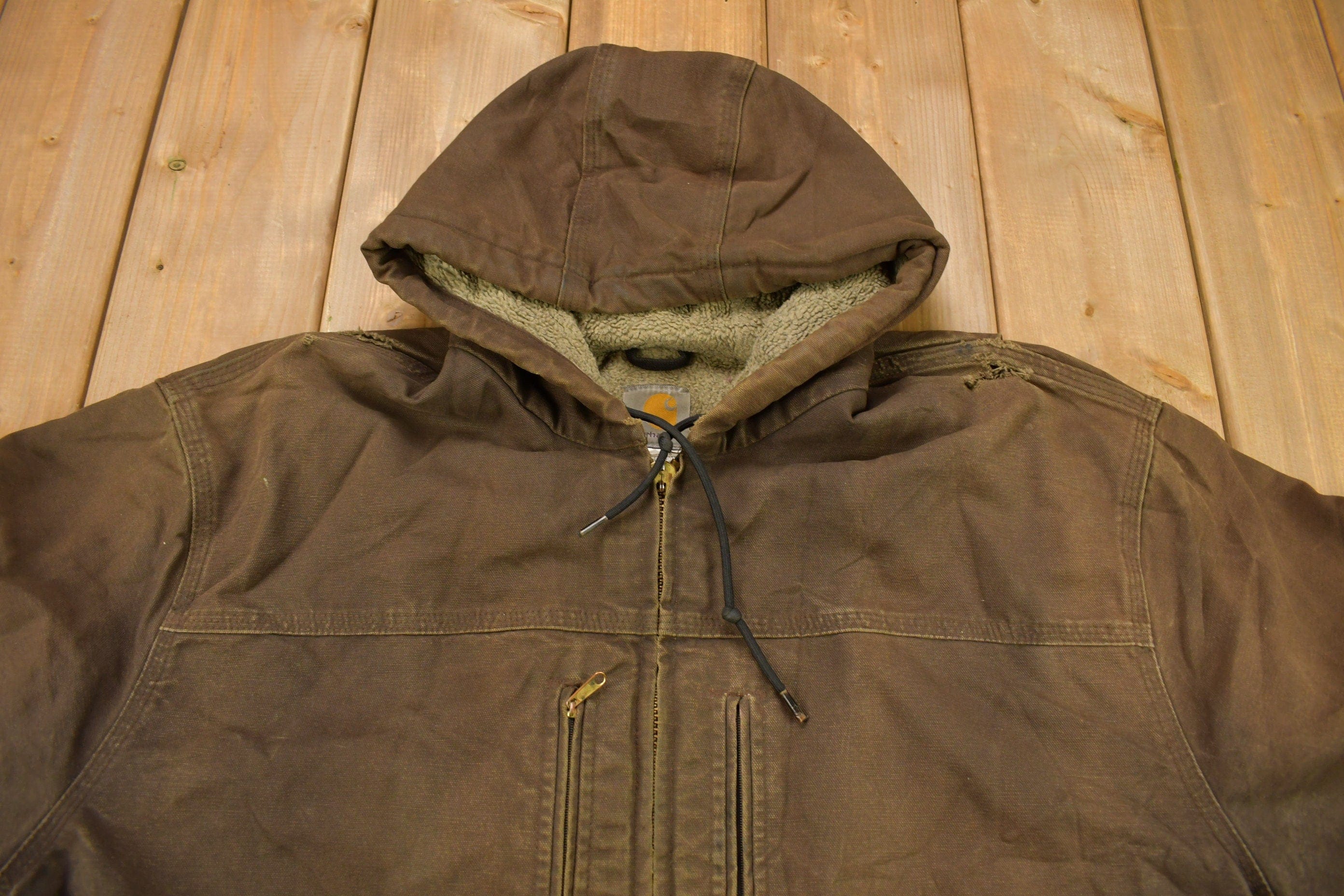 Vintage 1990s Carhartt Chocolate Brown Fleece Lined Work Jacket Men's XL - Image 4