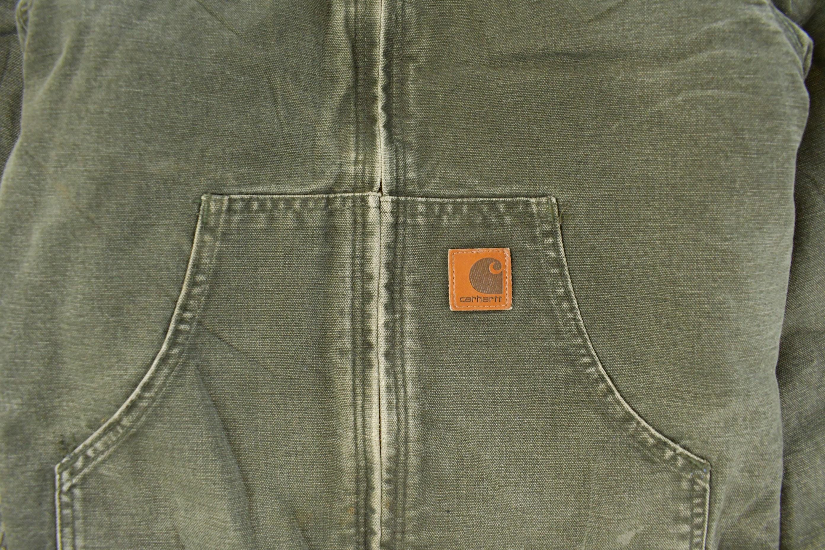 Vintage 1990s Carhartt Hooded Distressed Work Jacket Youth Large - Image 3