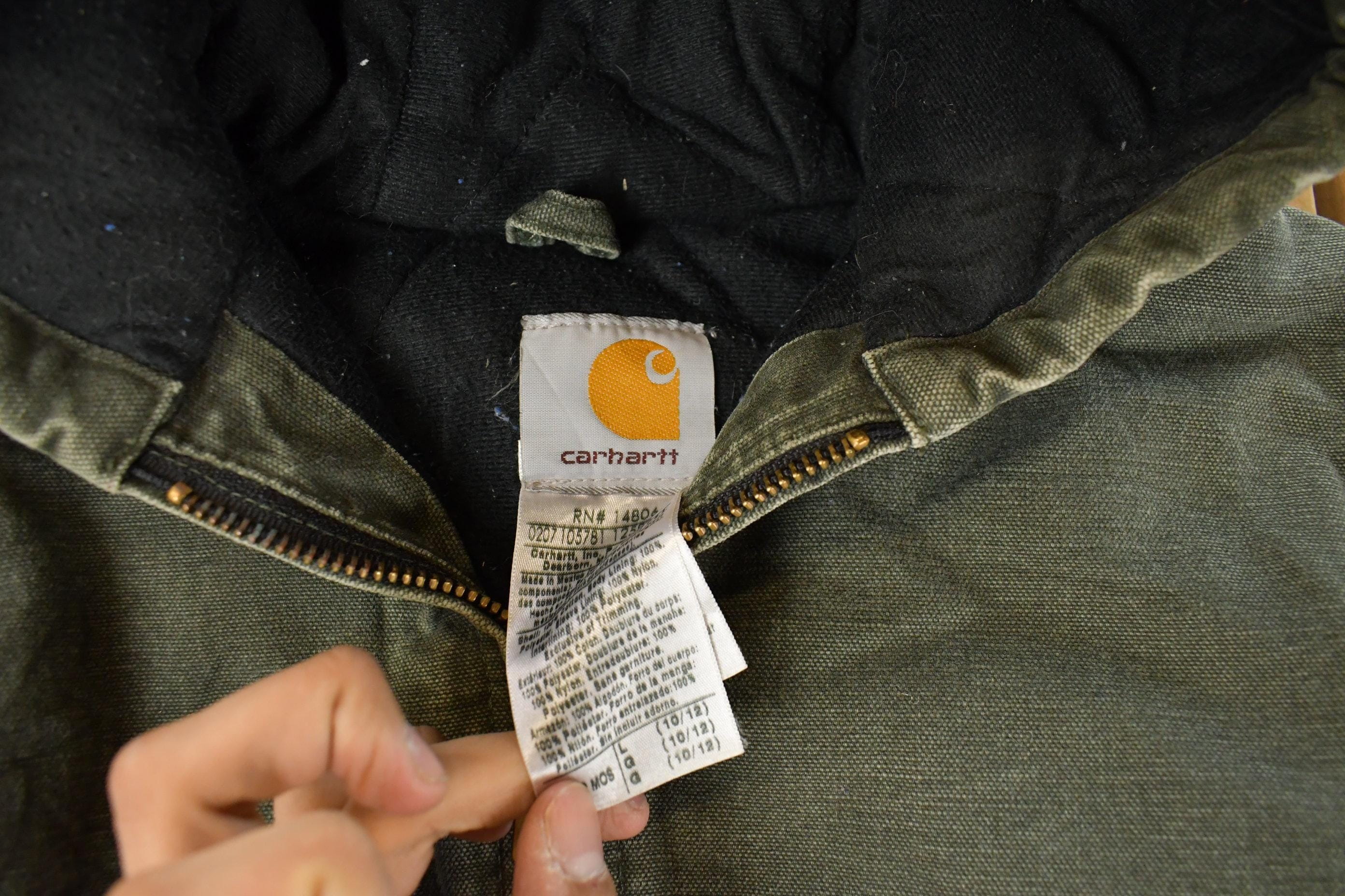 Vintage 1990s Carhartt Hooded Distressed Work Jacket Youth Large - Image 4