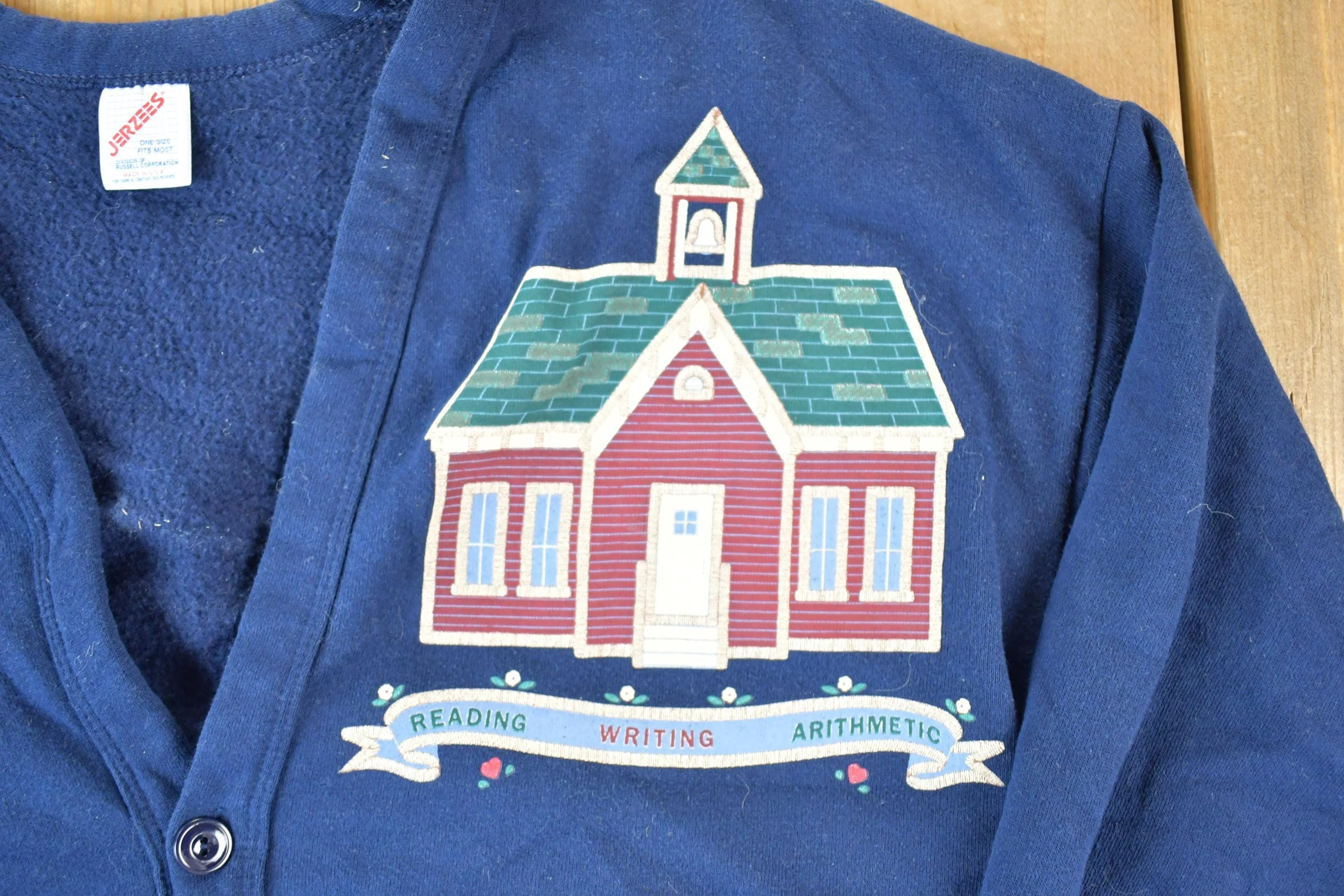 Vintage 1990s Cartoon Schoolhouse Cardigan Sweatshirt Mens L - Image 3