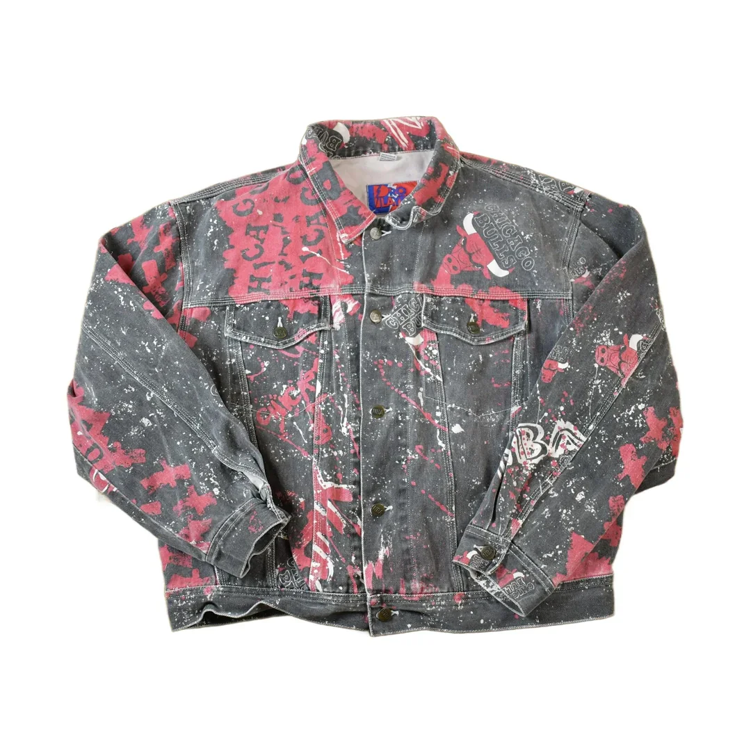 Vintage 1990s Chicago Bulls All Over Print NBA Basketball Boxy Fit Jean Jacket - Image 2