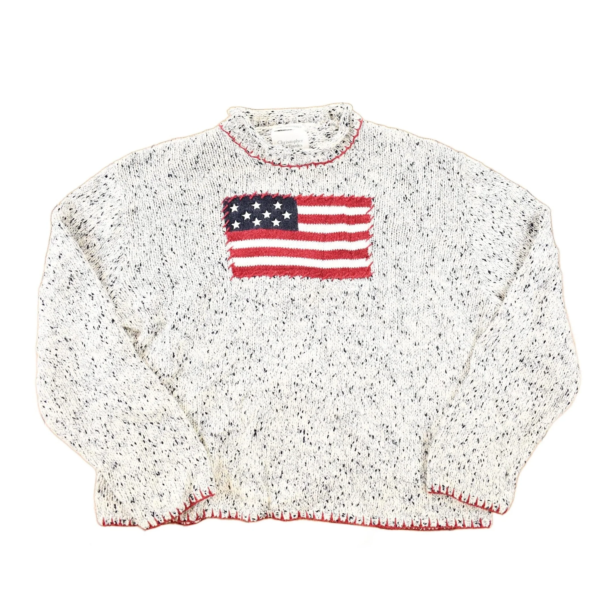 Vintage 1990s Christopher And Banks Hand Embroidered American Flag Chunky Knit Crewneck Sweater Mens M