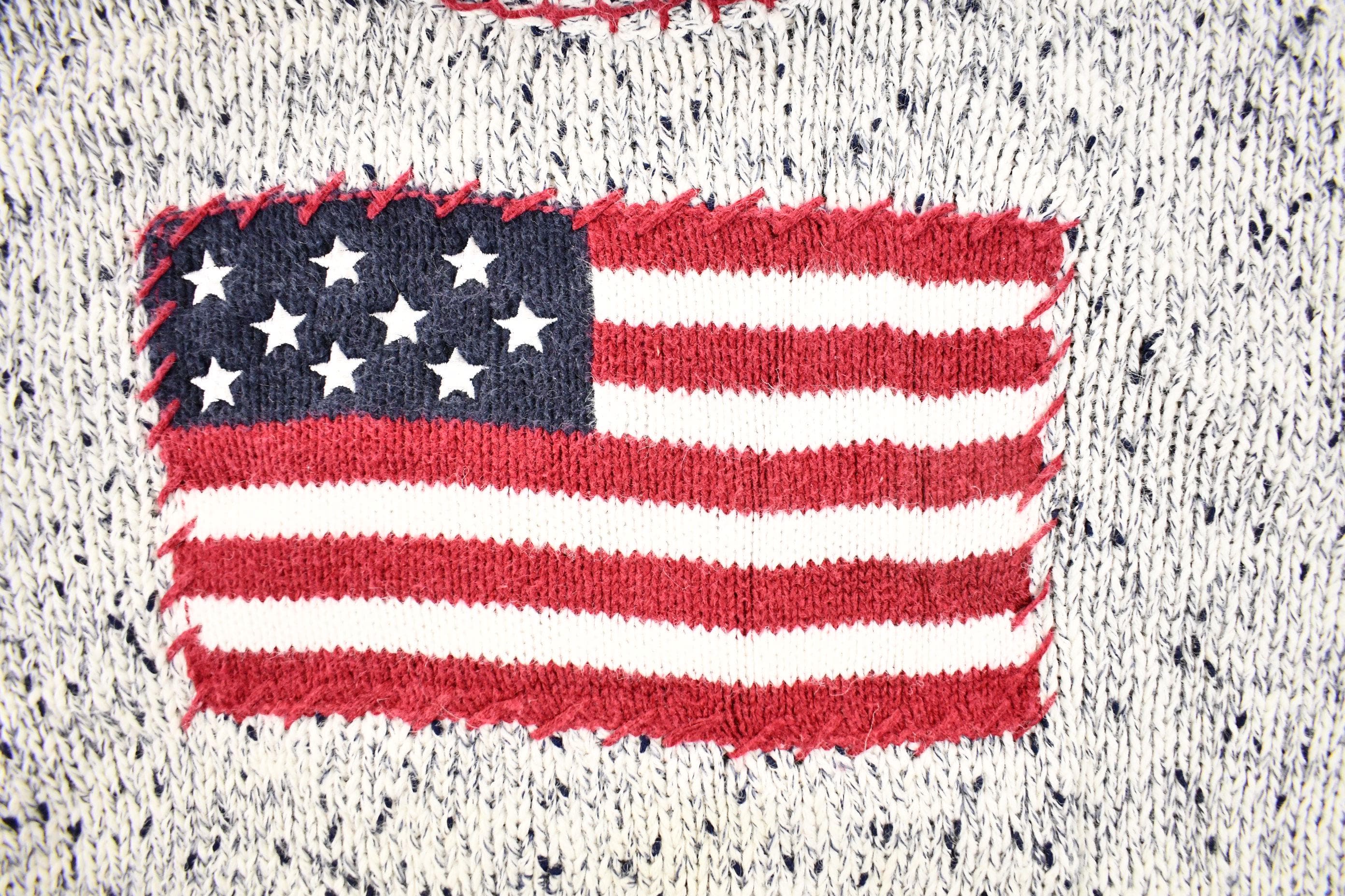 Vintage 1990s Christopher And Banks Hand Embroidered American Flag Chunky Knit Crewneck Sweater Mens M - Image 3