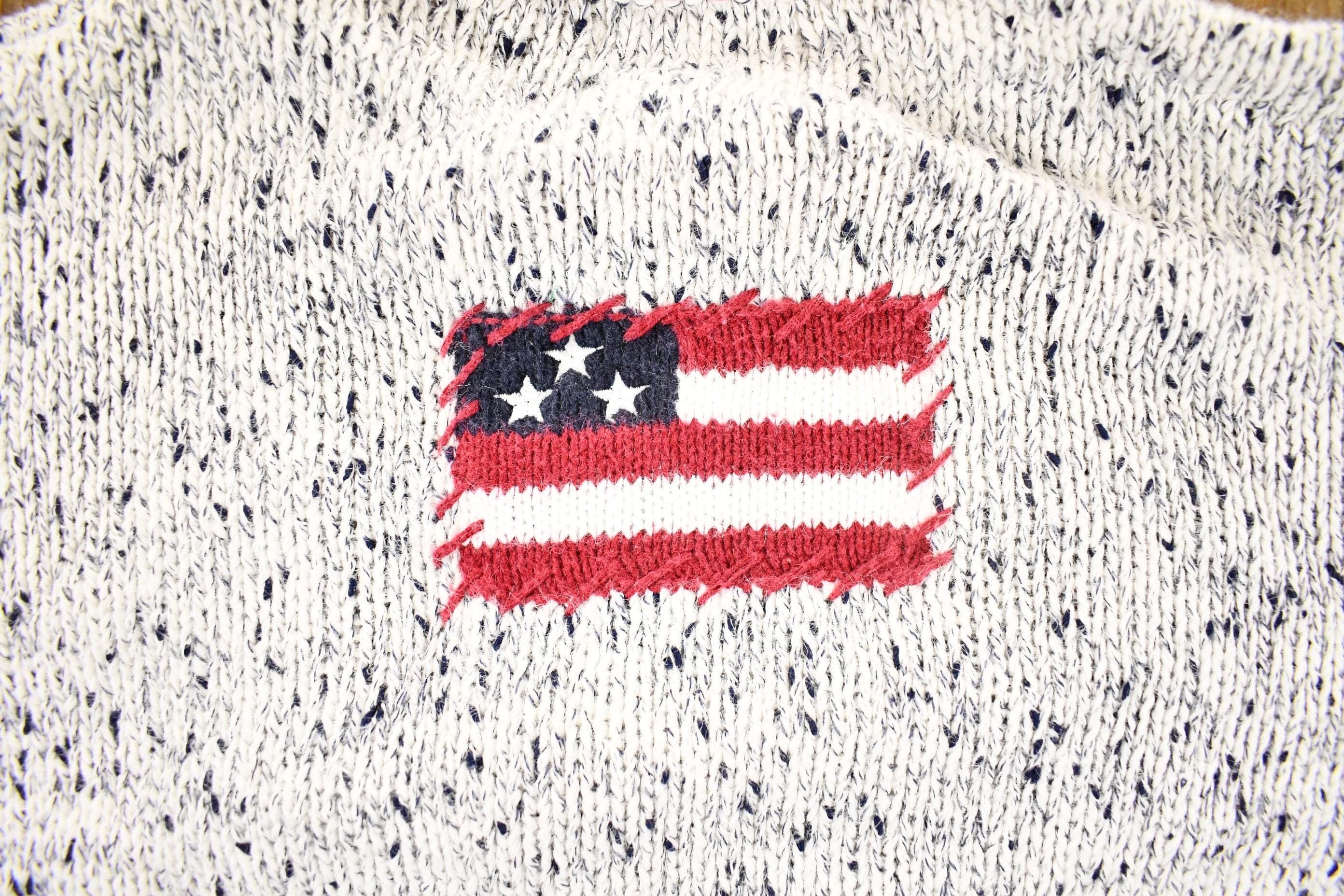 Vintage 1990s Christopher And Banks Hand Embroidered American Flag Chunky Knit Crewneck Sweater Mens M - Image 4