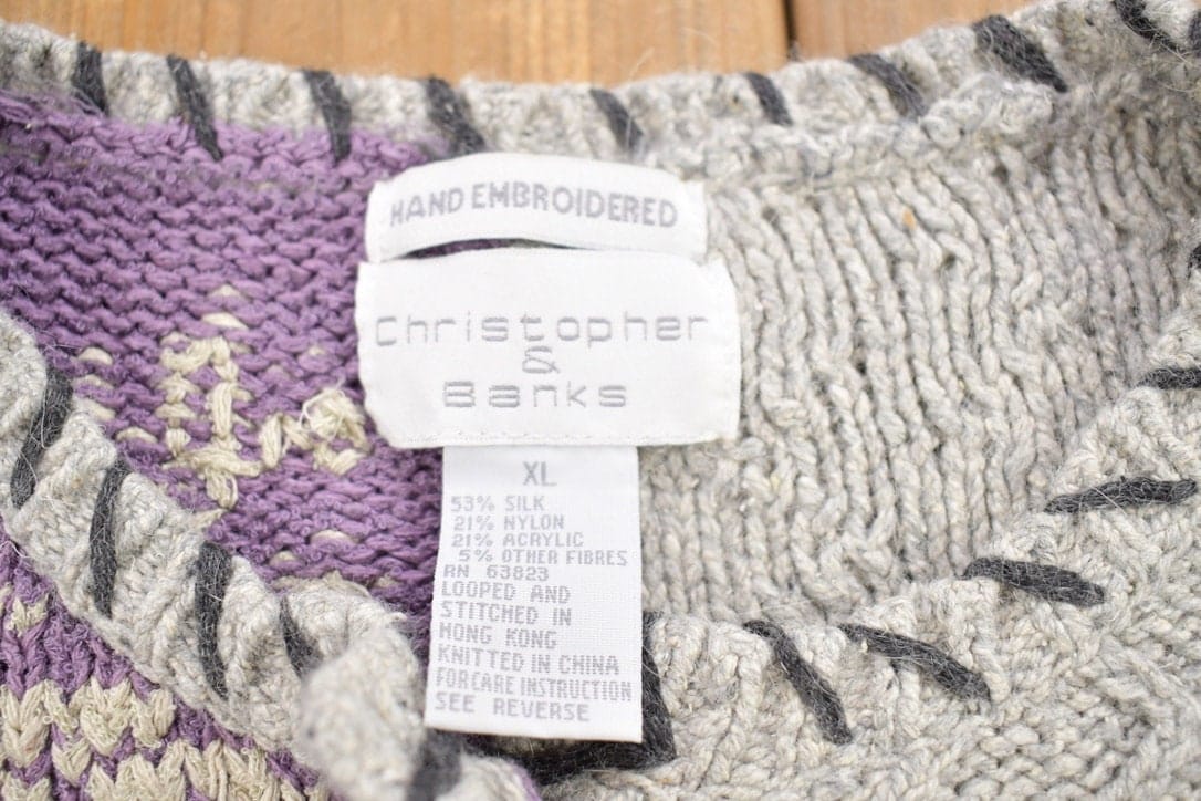 Vintage 1990s Christopher & Banks Knit Patchwork Cardigan Sweater Women's M - Image 3