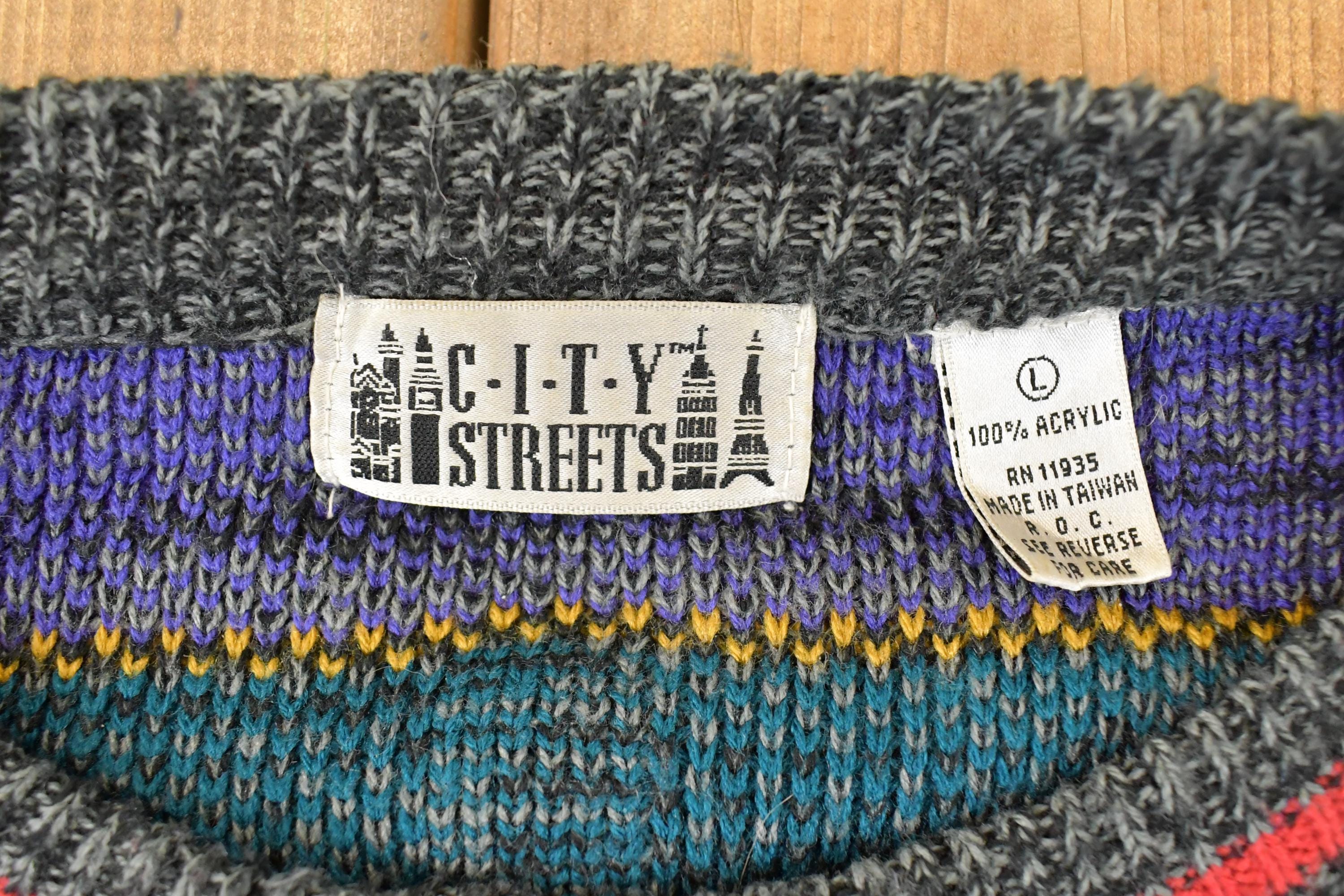 Vintage 1990s City Streets Abstract Knit Crewneck Sweater Mens L - Image 3