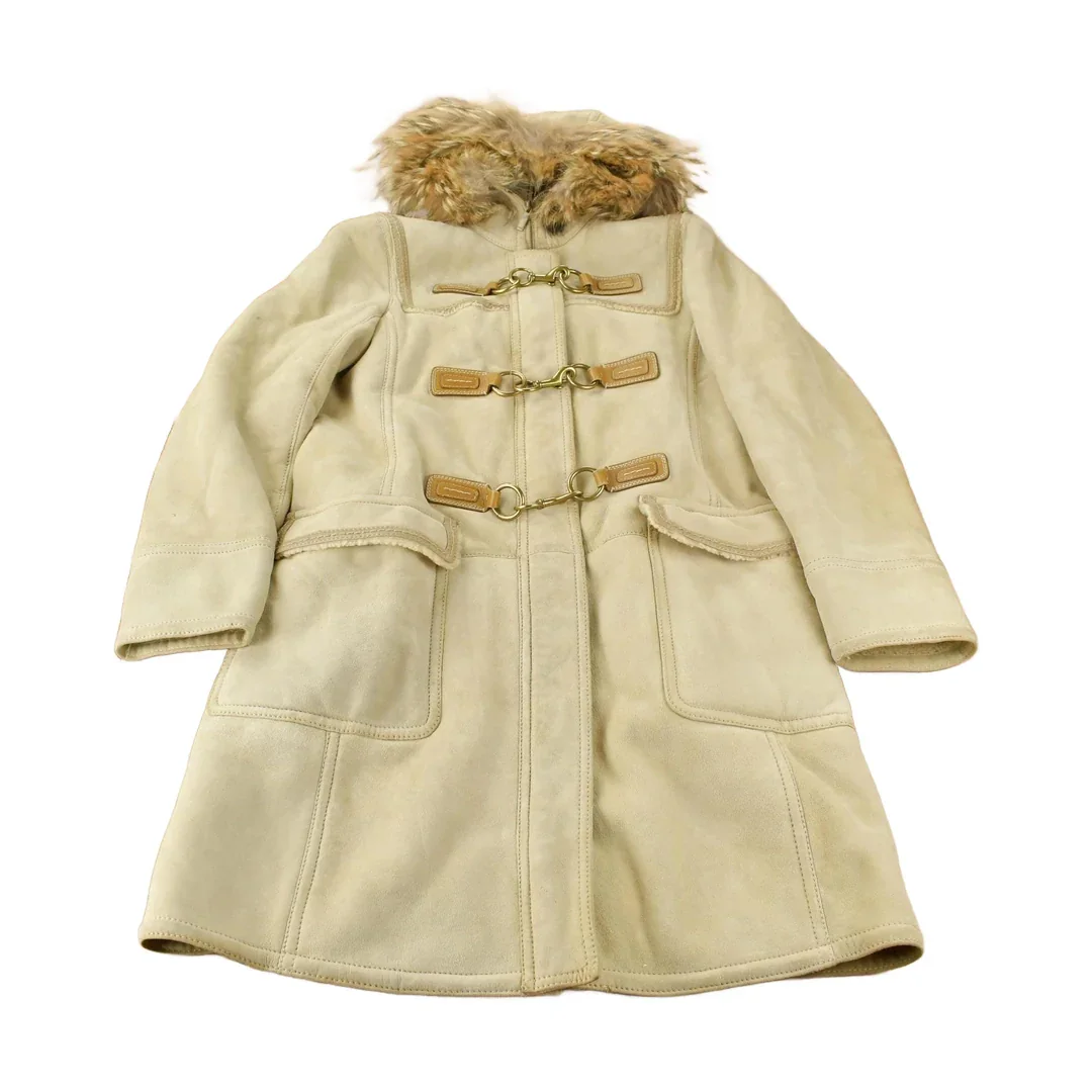 Vintage 1990s Coach Authentic Leather Full Length Shearling Jacket With Fur Hood Size 8