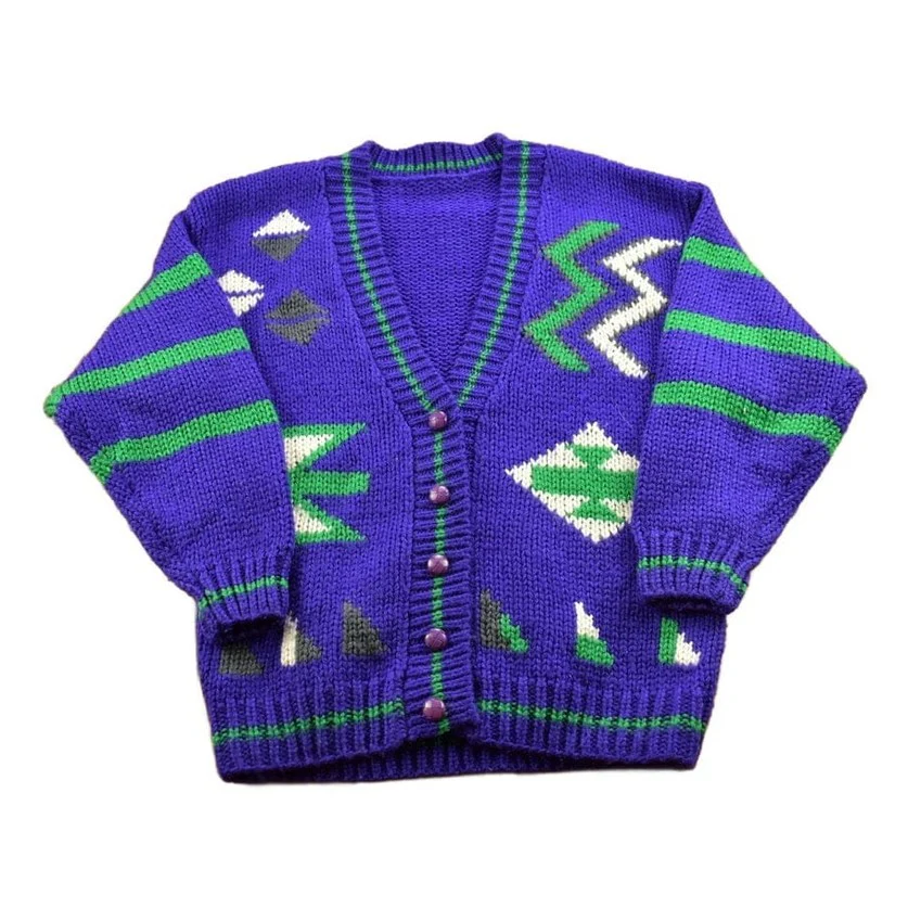 Vintage 1990s Colourful Abstract Knitted Cardigan Sweater Men's Small