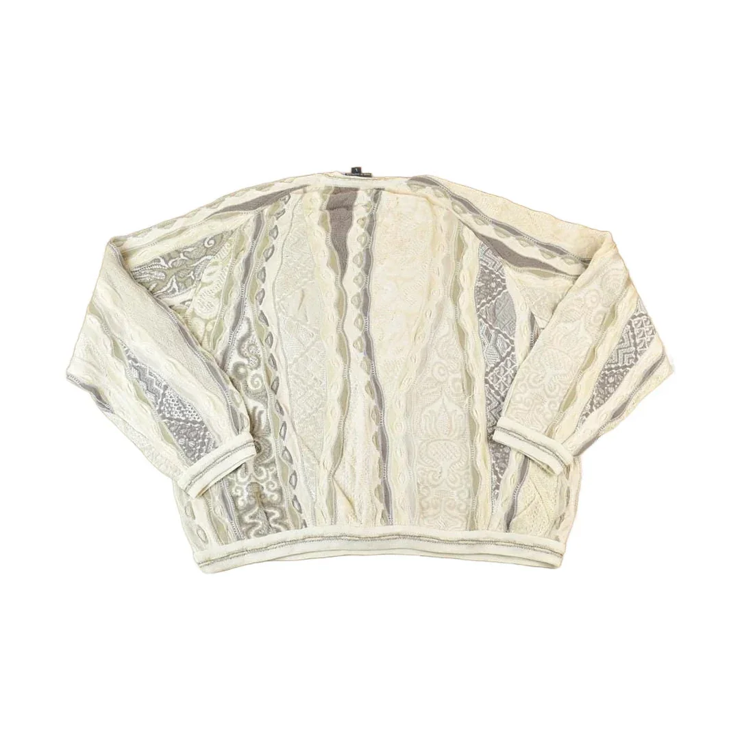 Vintage 1990s Coogi Made In Australia 3D knit 100% Cotton Cream Colour Abstract Pattern Knit Crewneck Sweater Men's Large - Image 2