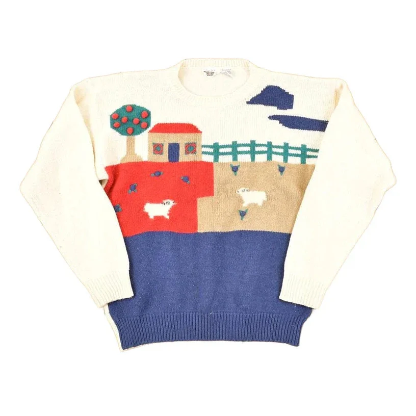 Vintage 1990s Country Suburbans AOP Farm Theme Embroidered Knit Crewneck Sweater Men's S