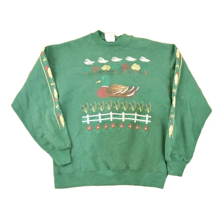 Vintage 1990s Cute Pixel Farm Ducks Graphic Print Crewneck Sweatshirt Men's M