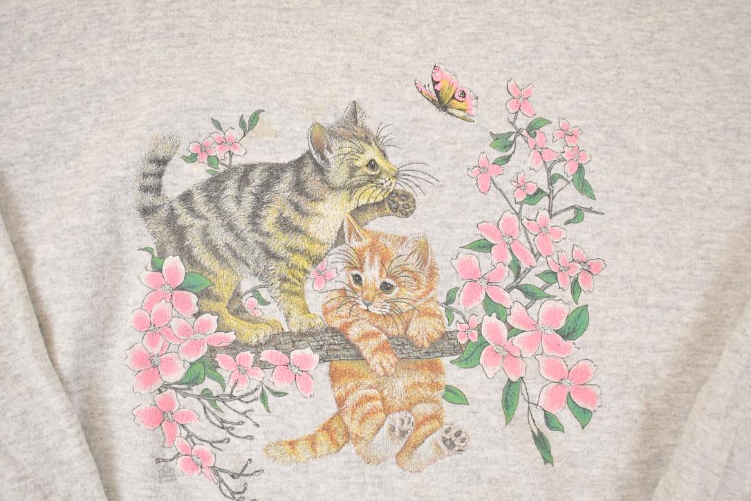 Vintage 1990s Cute Playing Kitty Butterfly Graphic Print Crewneck Sweatshirt Women's XL - Image 3