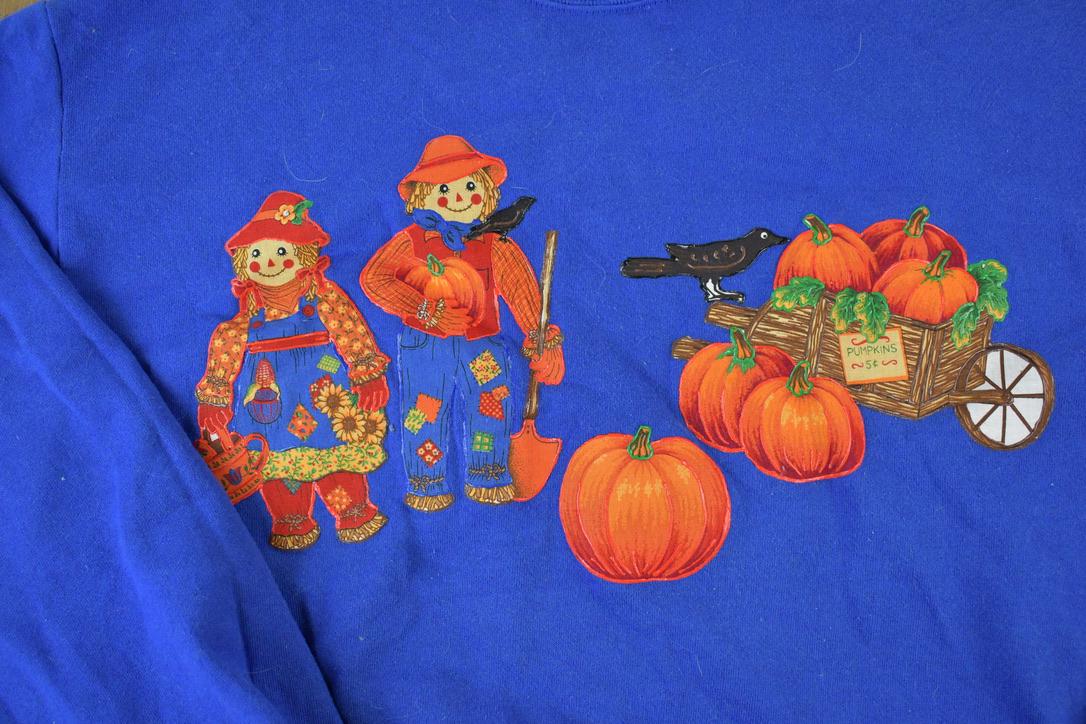 Vintage 1990s Cute Pumpkin Scarecrow Halloween Crewneck Sweater Men's Large - Image 4