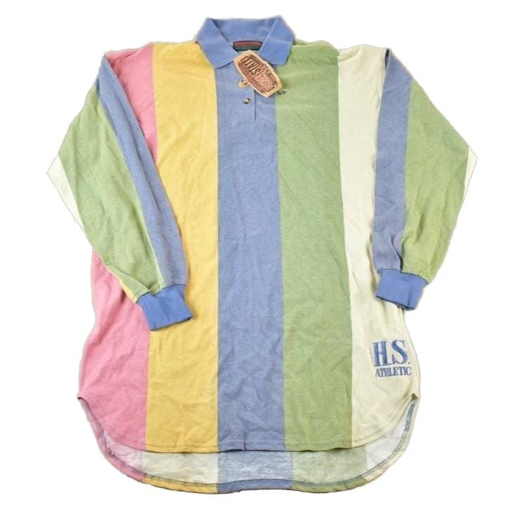 Vintage 1990s Deadstock HS Athletic Striped Long Fit Embroidered Button Up Shirt Men's L