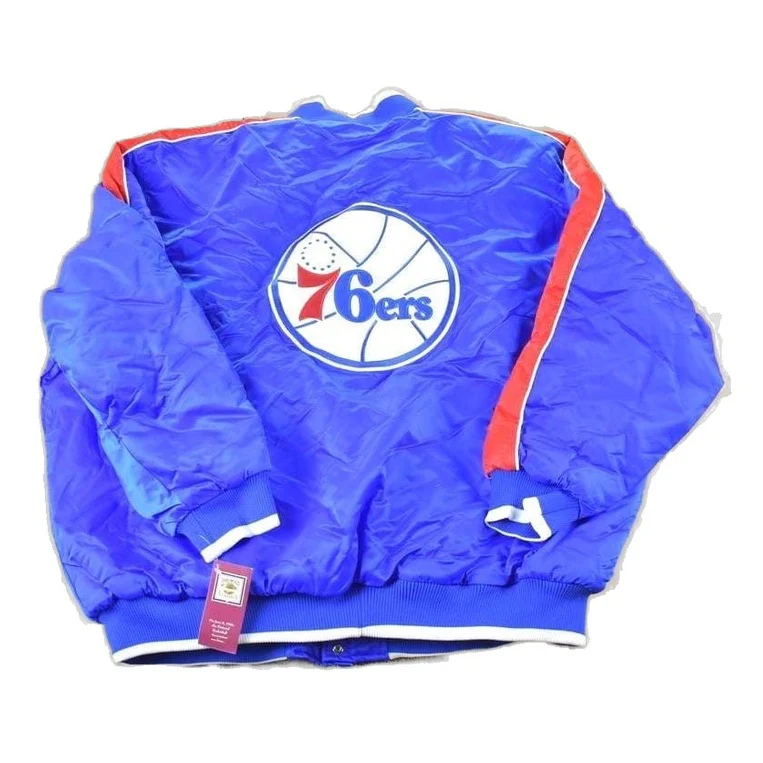 Vintage 1990s Deadstock NBA Hardwood Classics Philadelphia 76ers Satin Button Up Windbreaker Basketball Jacket Men's 3XL