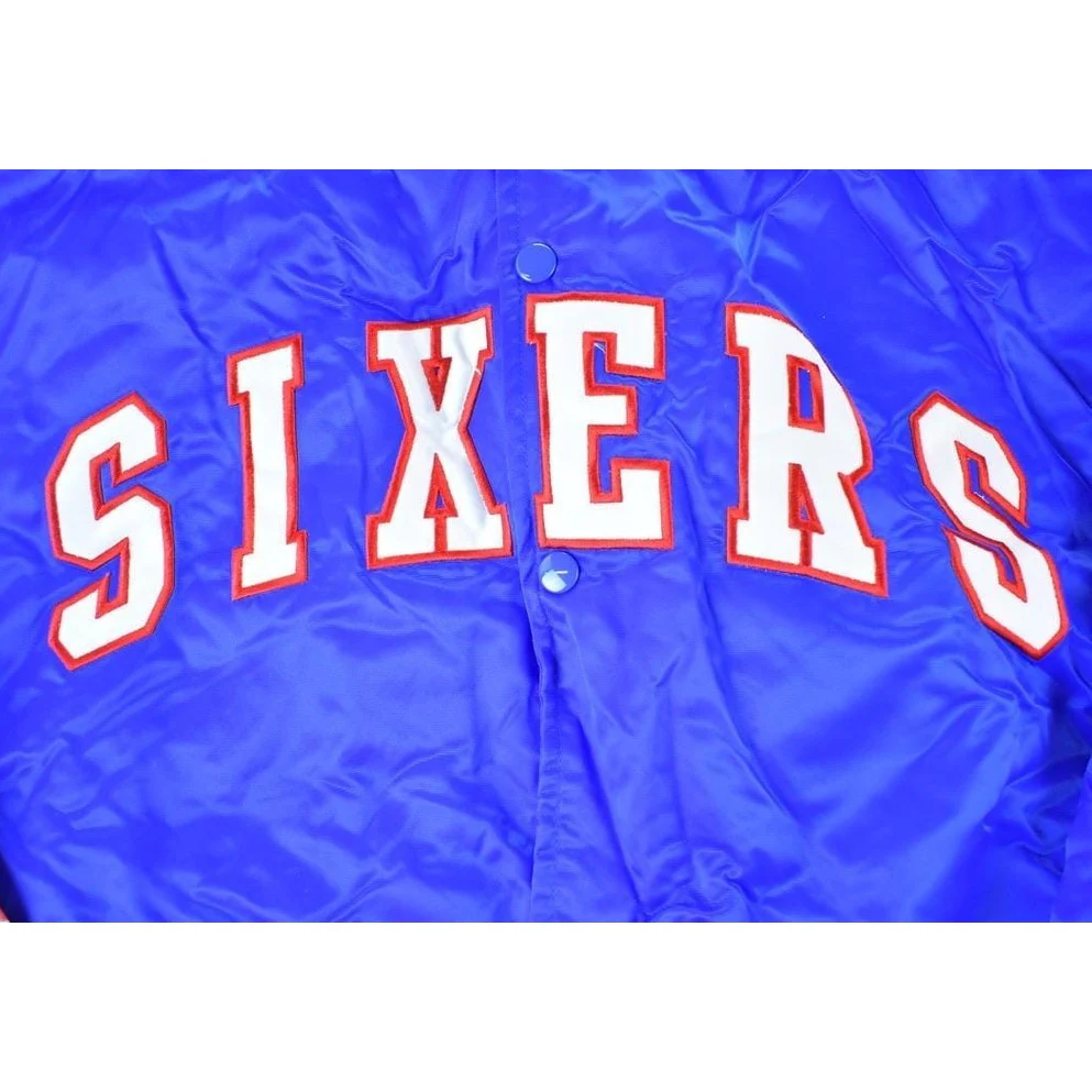 Vintage 1990s Deadstock NBA Hardwood Classics Philadelphia 76ers Satin Button Up Windbreaker Basketball Jacket Men's 3XL - Image 2