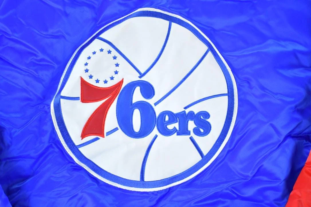 Vintage 1990s Deadstock NBA Hardwood Classics Philadelphia 76ers Satin Button Up Windbreaker Basketball Jacket Men's 3XL - Image 5