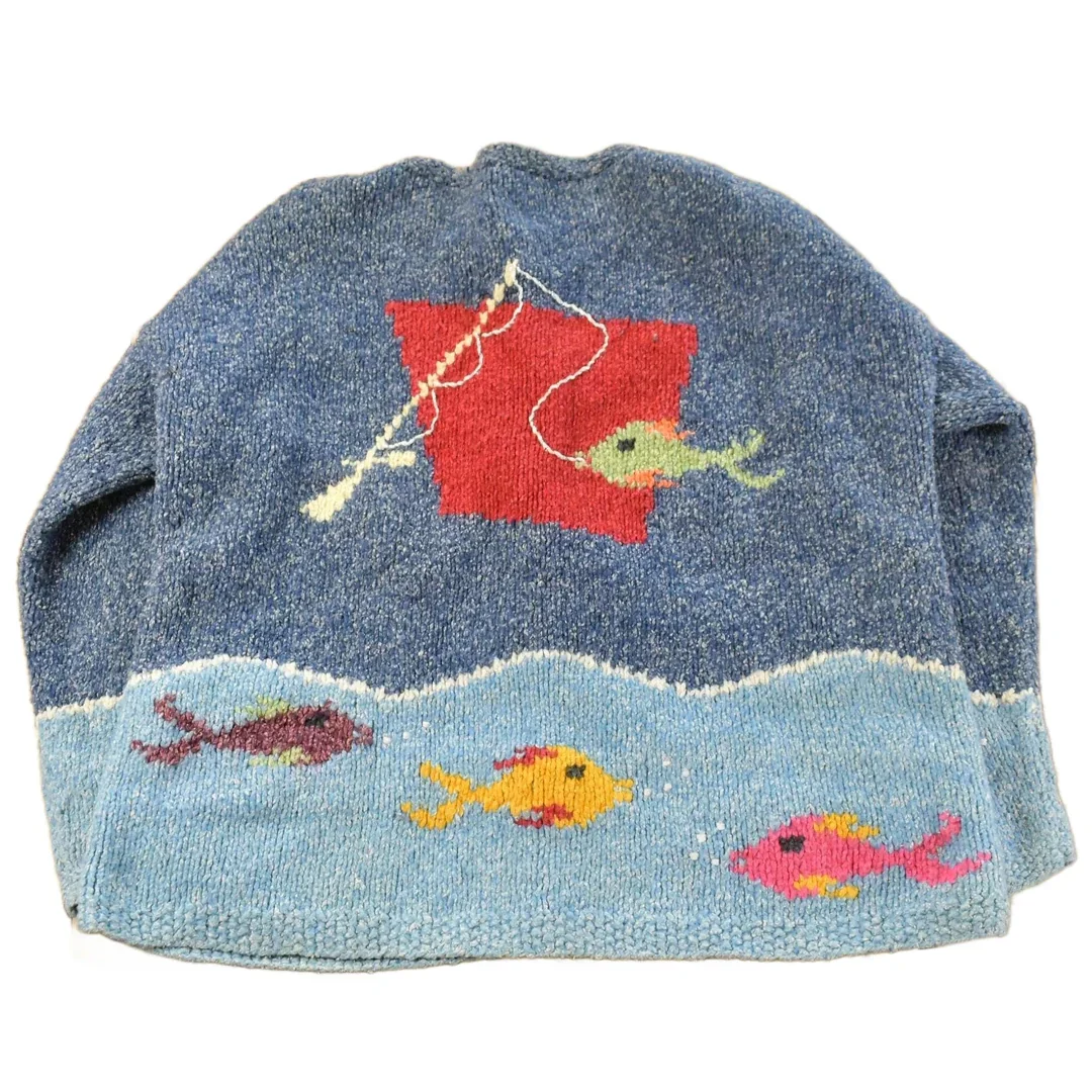 Vintage 1990s Del Mundo Wool Blend Fish Knit Cardigan Sweater Women's L - Image 2
