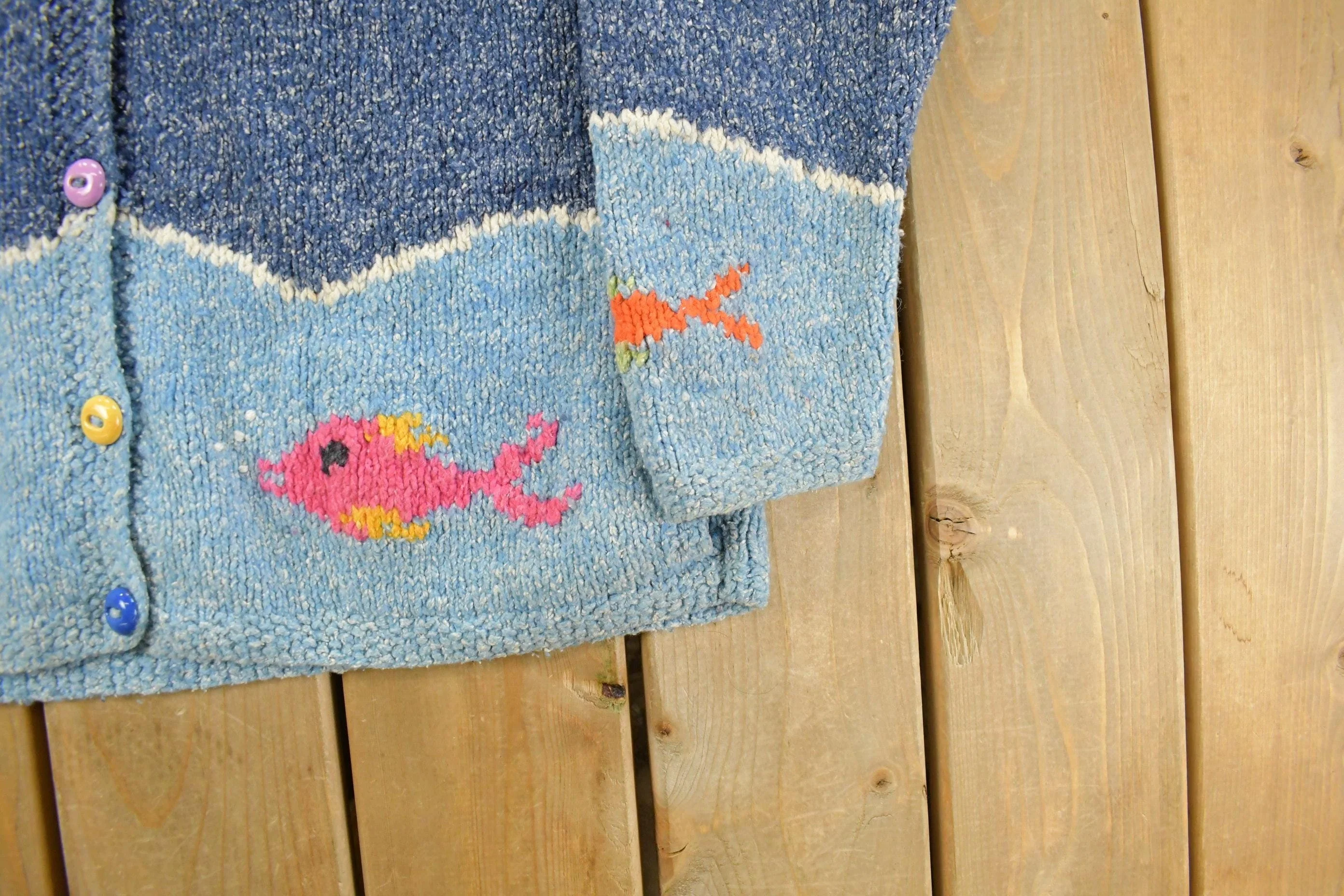 Vintage 1990s Del Mundo Wool Blend Fish Knit Cardigan Sweater Women's L - Image 3
