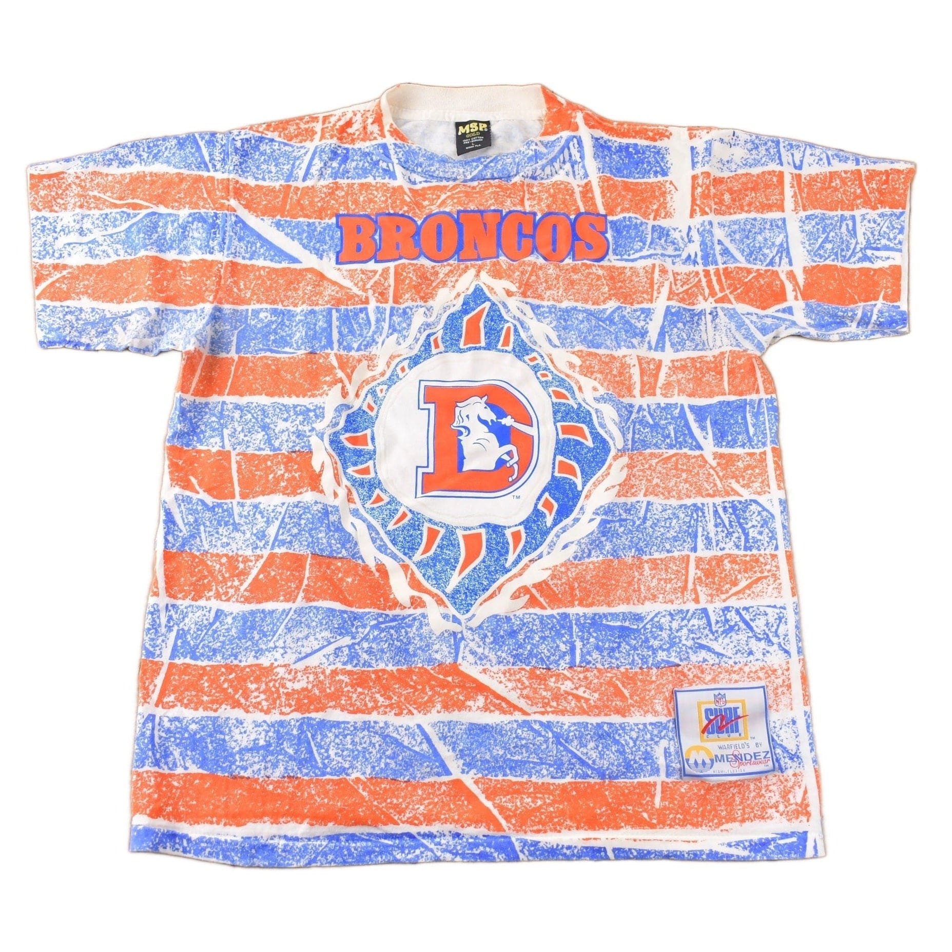 Vintage 1990s Denver Broncos NFL Football All Over Print Graphic T-Shirt Men's Large