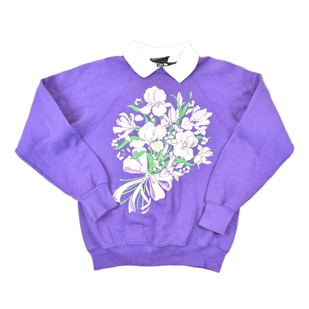 Vintage 1990s Design Pointe Floral Collared Graphic Print Crewneck Sweatshirt Women's M