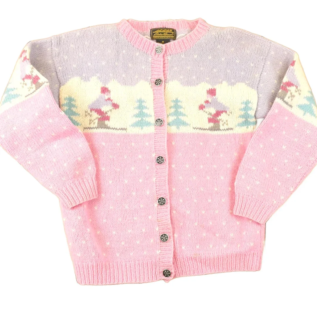 Vintage 1990s Eddie Bauer AOP Ski Wool Knit Cardigan Sweater Women's M