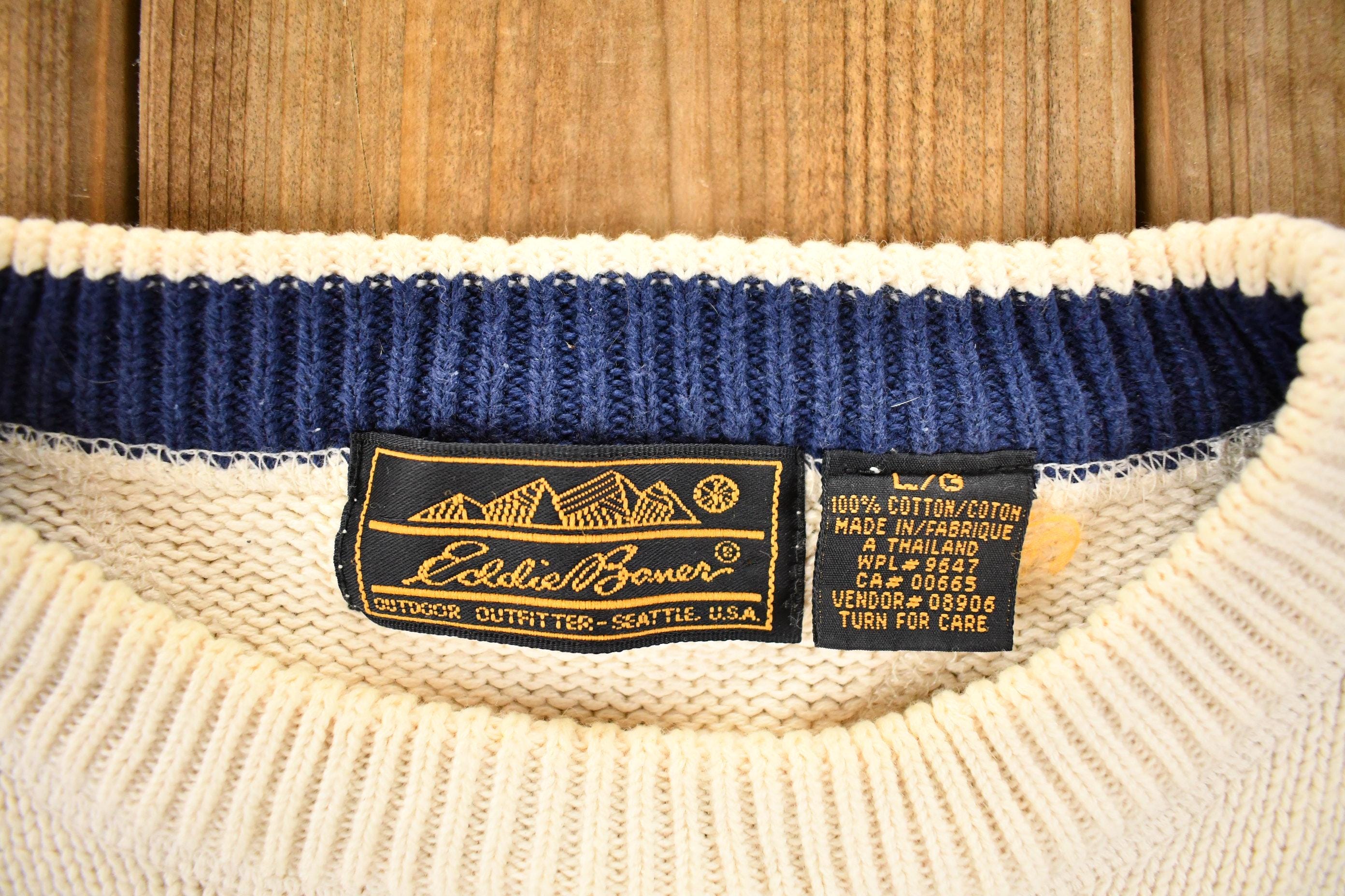 Vintage 1990s Eddie Bauer Cream Chunky Knit Crewneck Sweater Mens L - Image 4