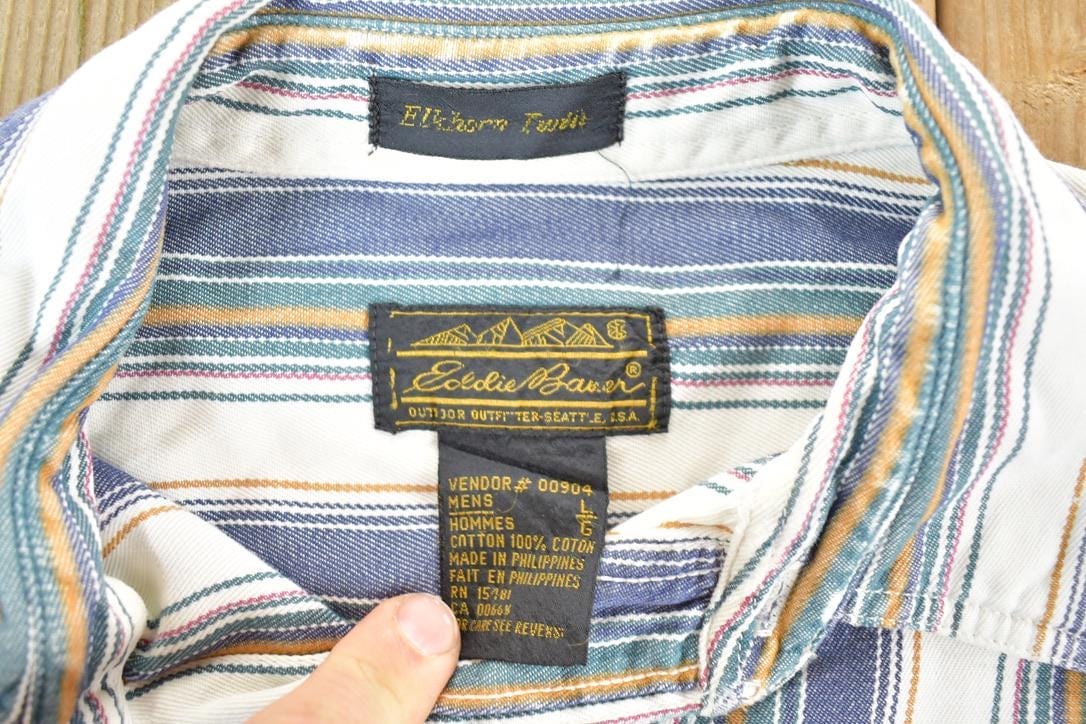 Vintage 1990s Eddie Bauer Striped Button Up Shirt Mens L - Image 3