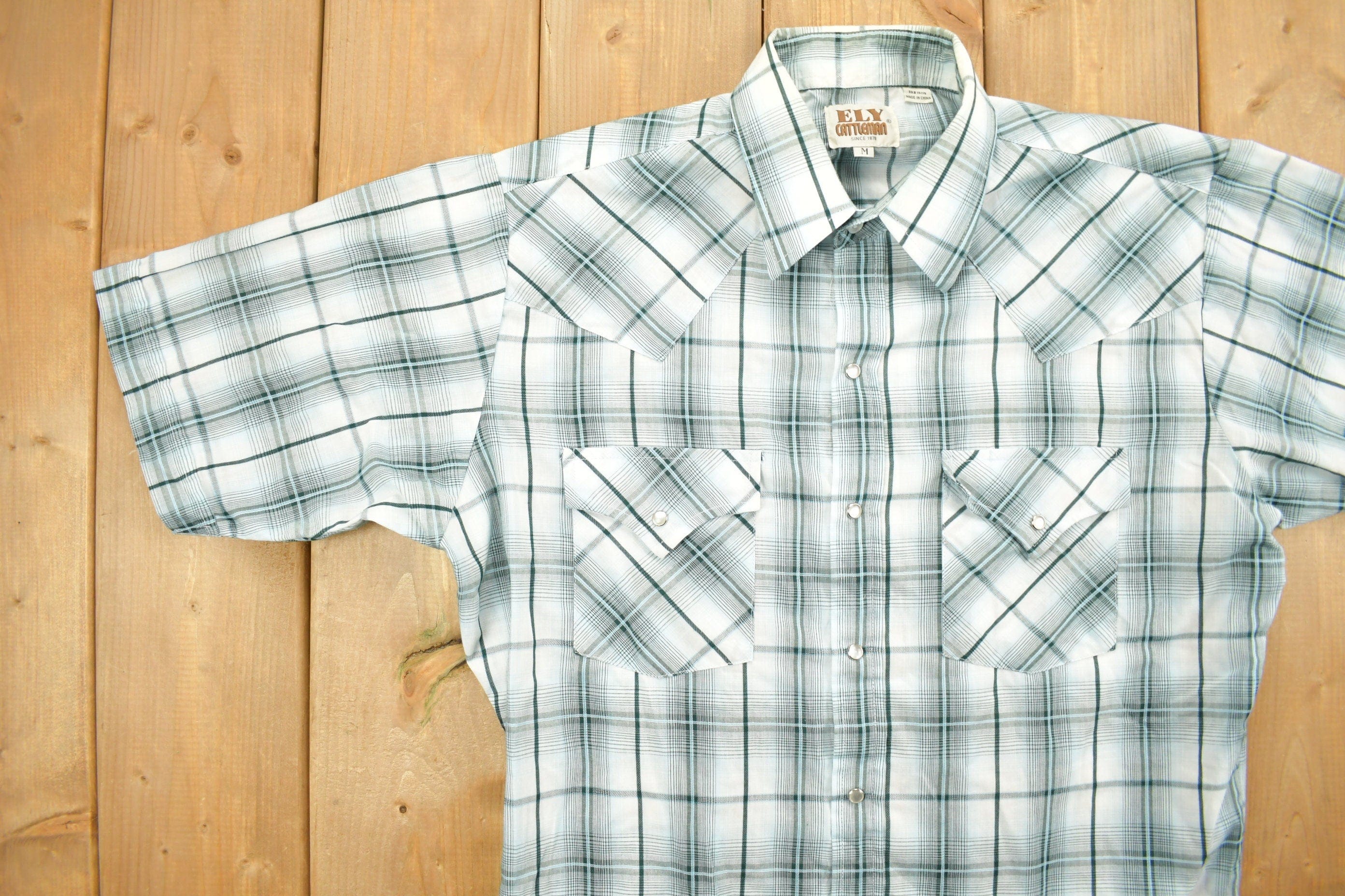 Vintage 1990s Ely Cattleman Western Flannel Button Up Short Sleeve Shirt Men's Medium - Image 3