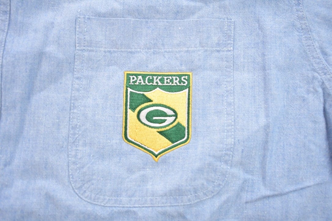 Vintage 1990s Embroidered Green Bay Packers NFL Denim Button Up T-Shirt Men's 2XL - Image 3